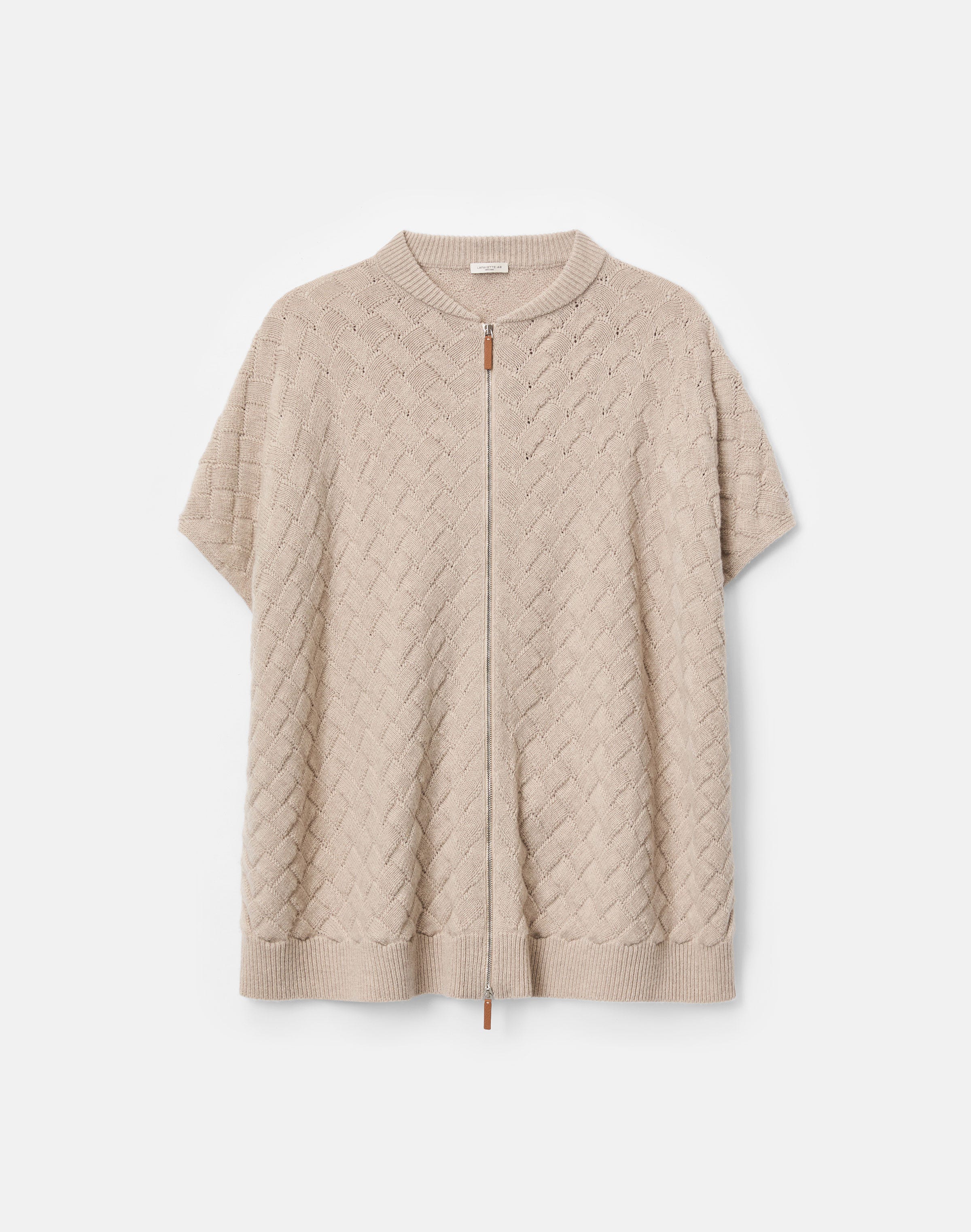Wool-Cashmere Basket Stitch Zip Front Poncho