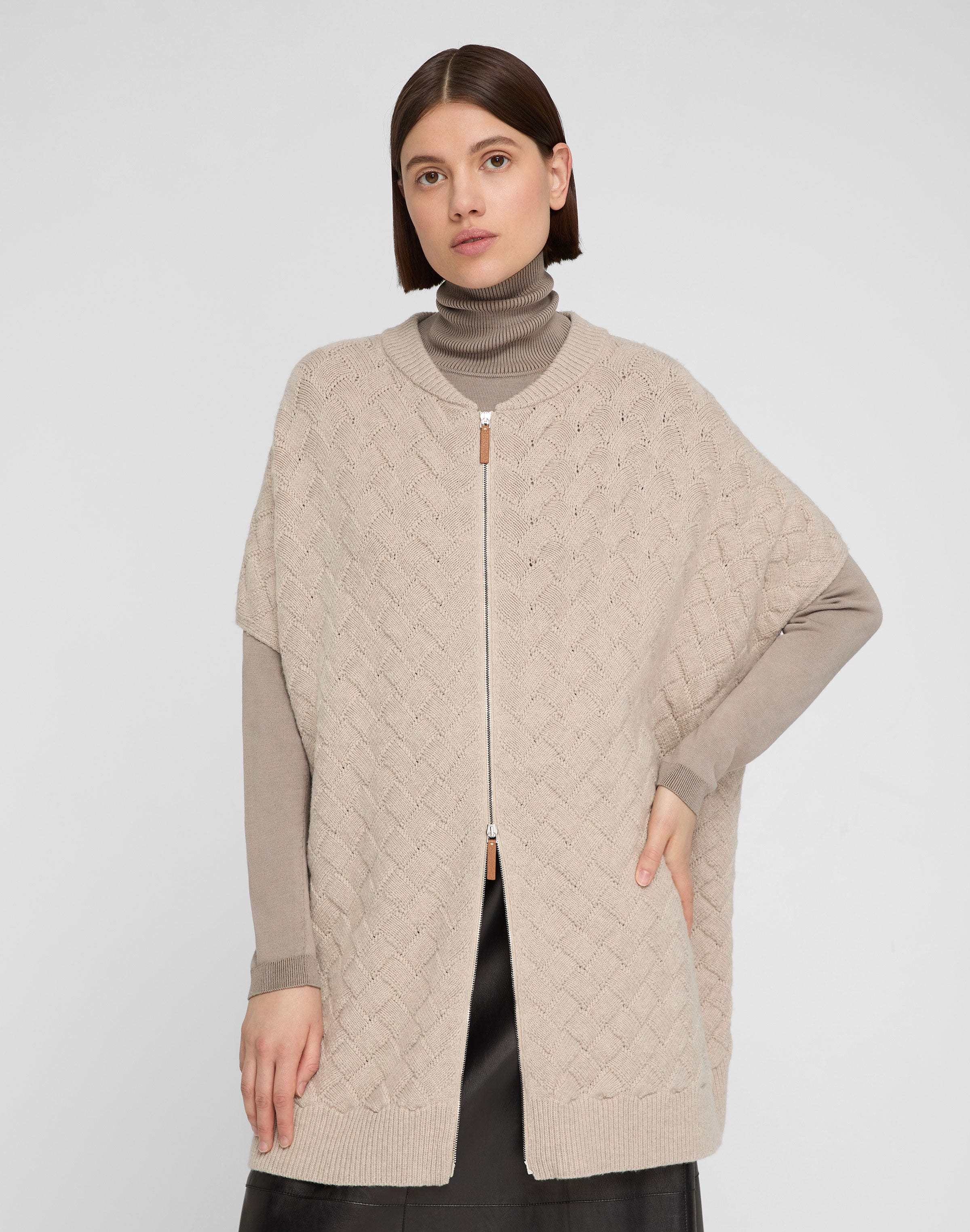 Wool-Cashmere Basket Stitch Zip Front Poncho