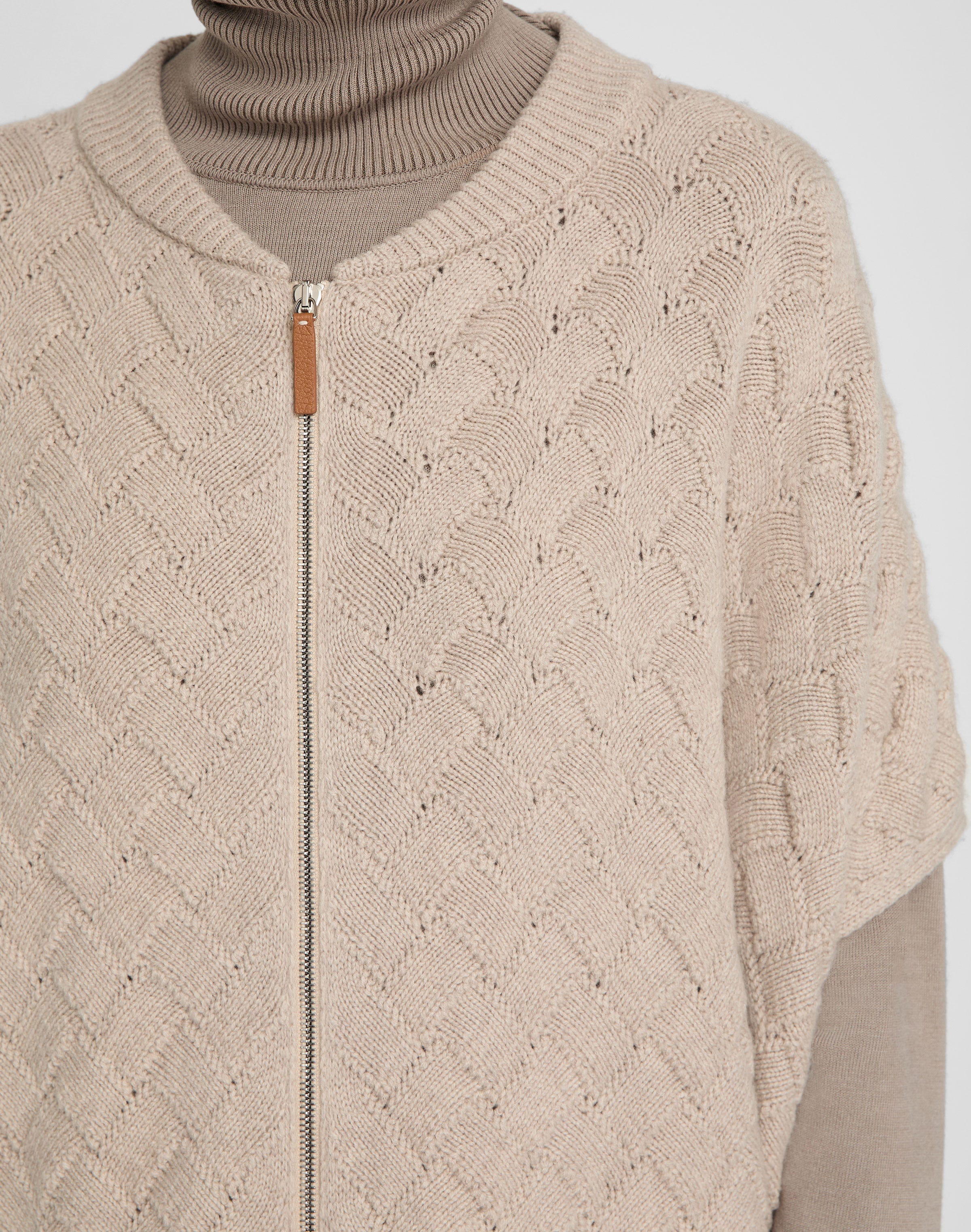 Wool-Cashmere Basket Stitch Zip Front Poncho