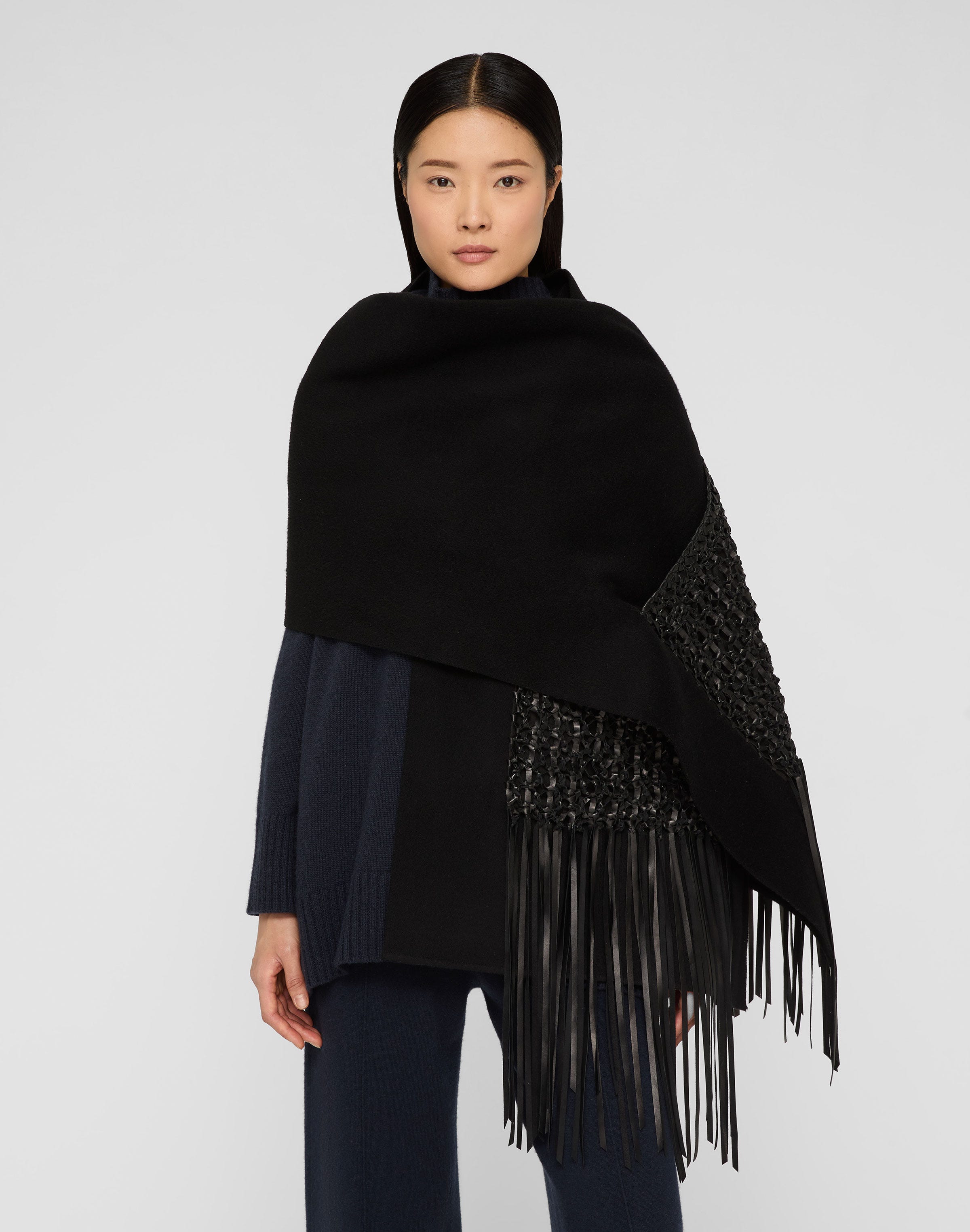 Wool-Cashmere & Macramé Leather Pocket Shawl