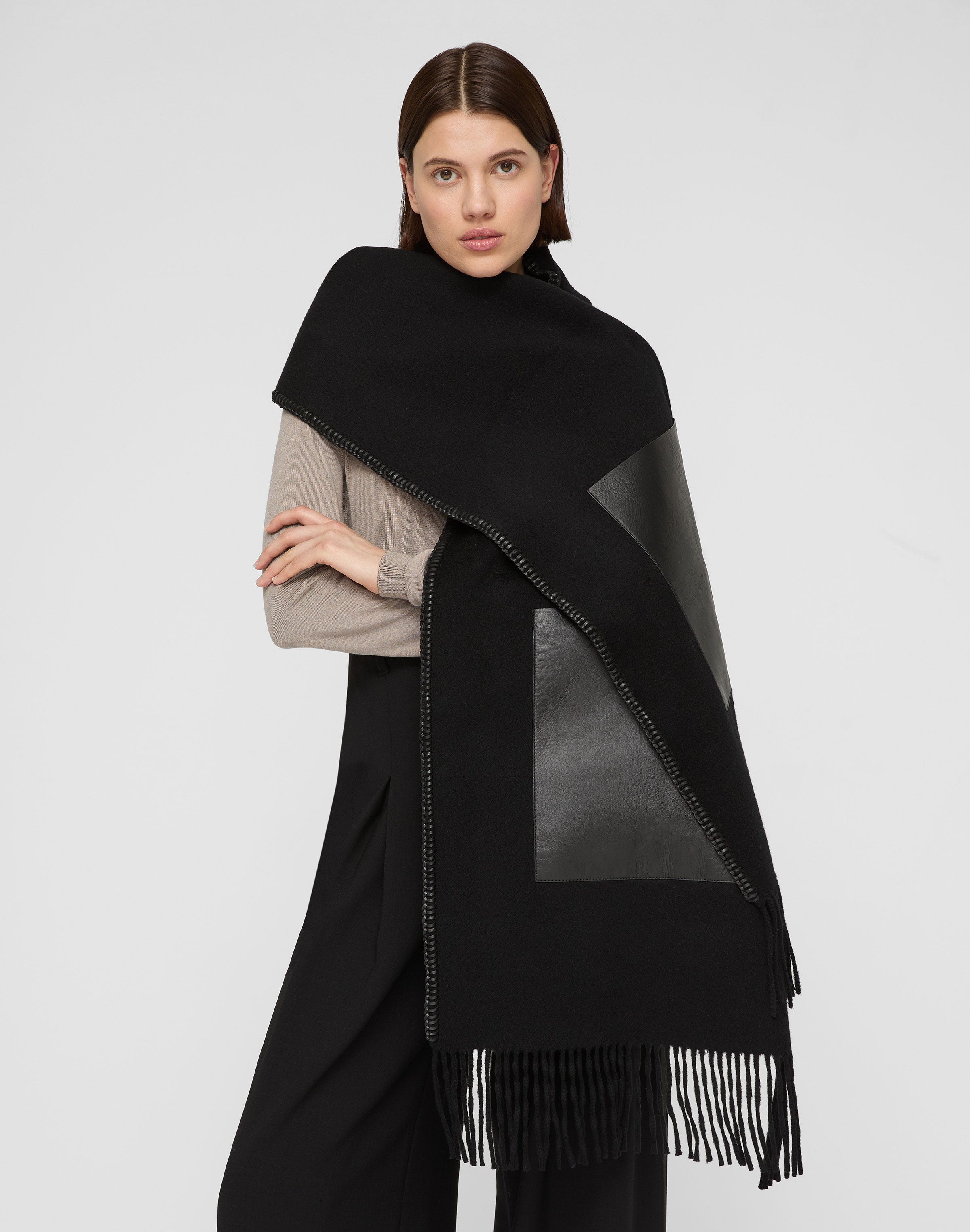 Wool-Cashmere & Leather Pocket Shawl