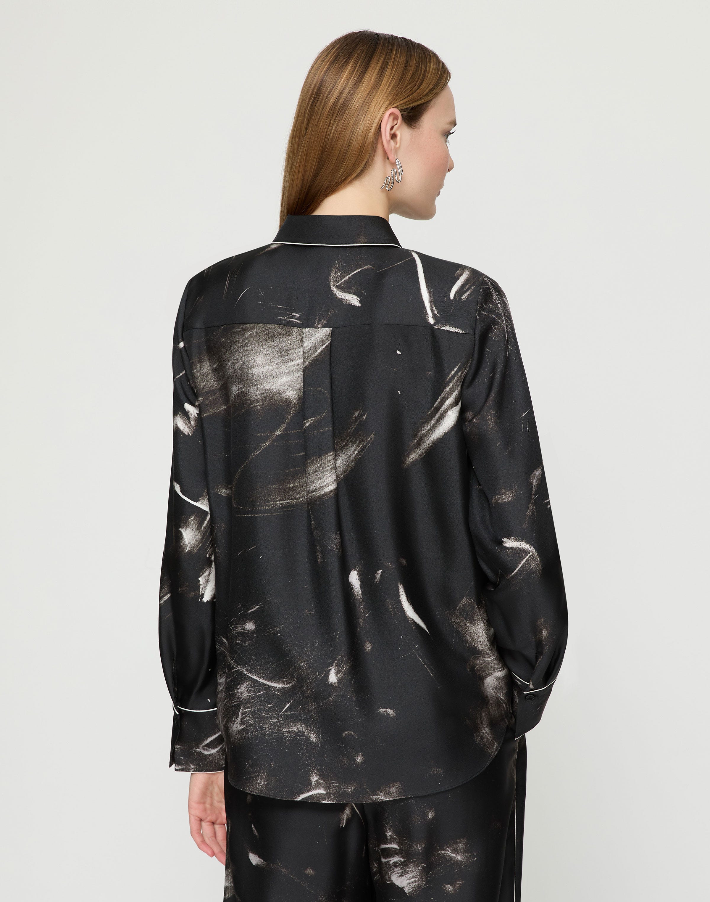 Charcoal Print Silk Twill Piped Button Blouse 