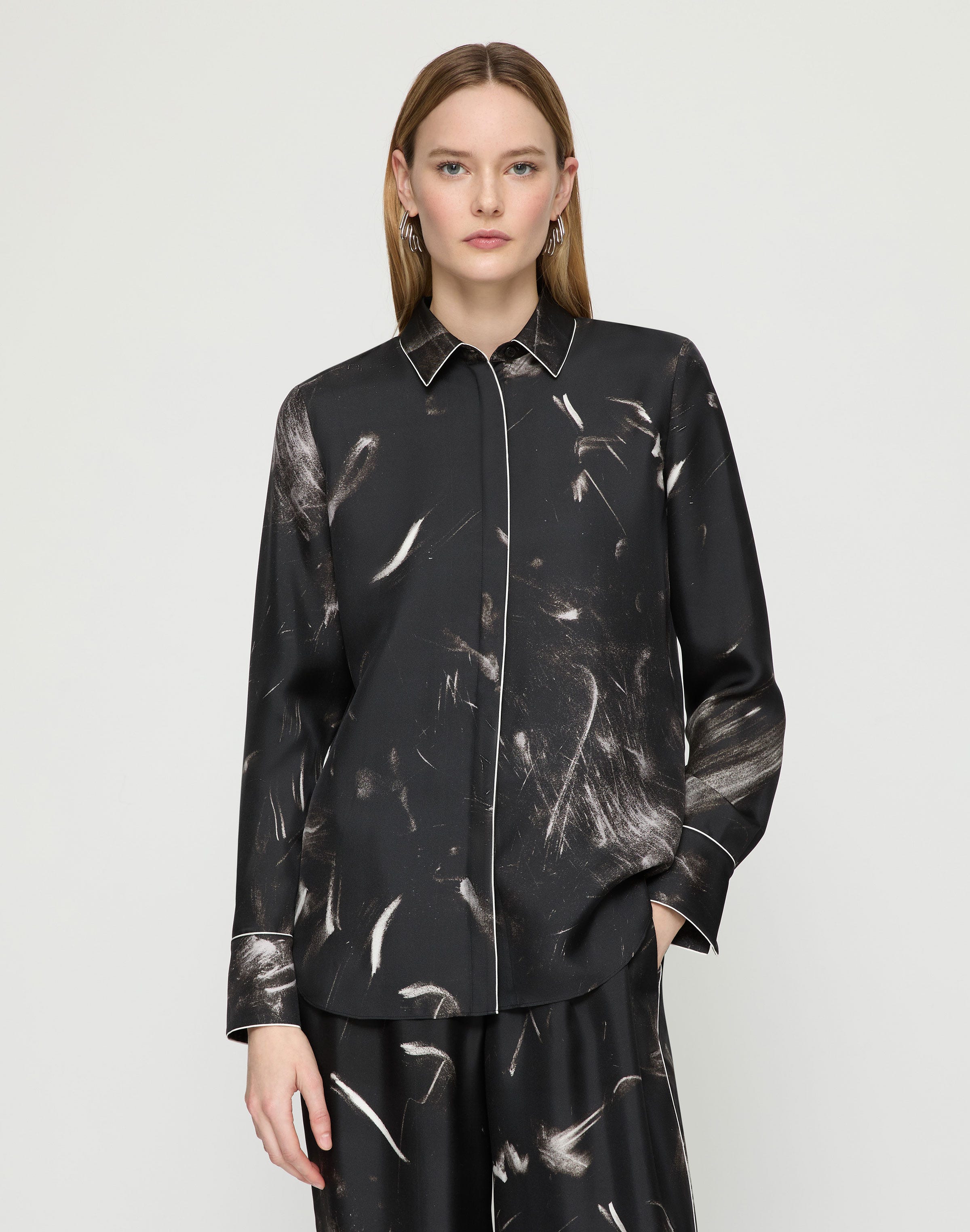 Charcoal Print Silk Twill Piped Button Blouse 