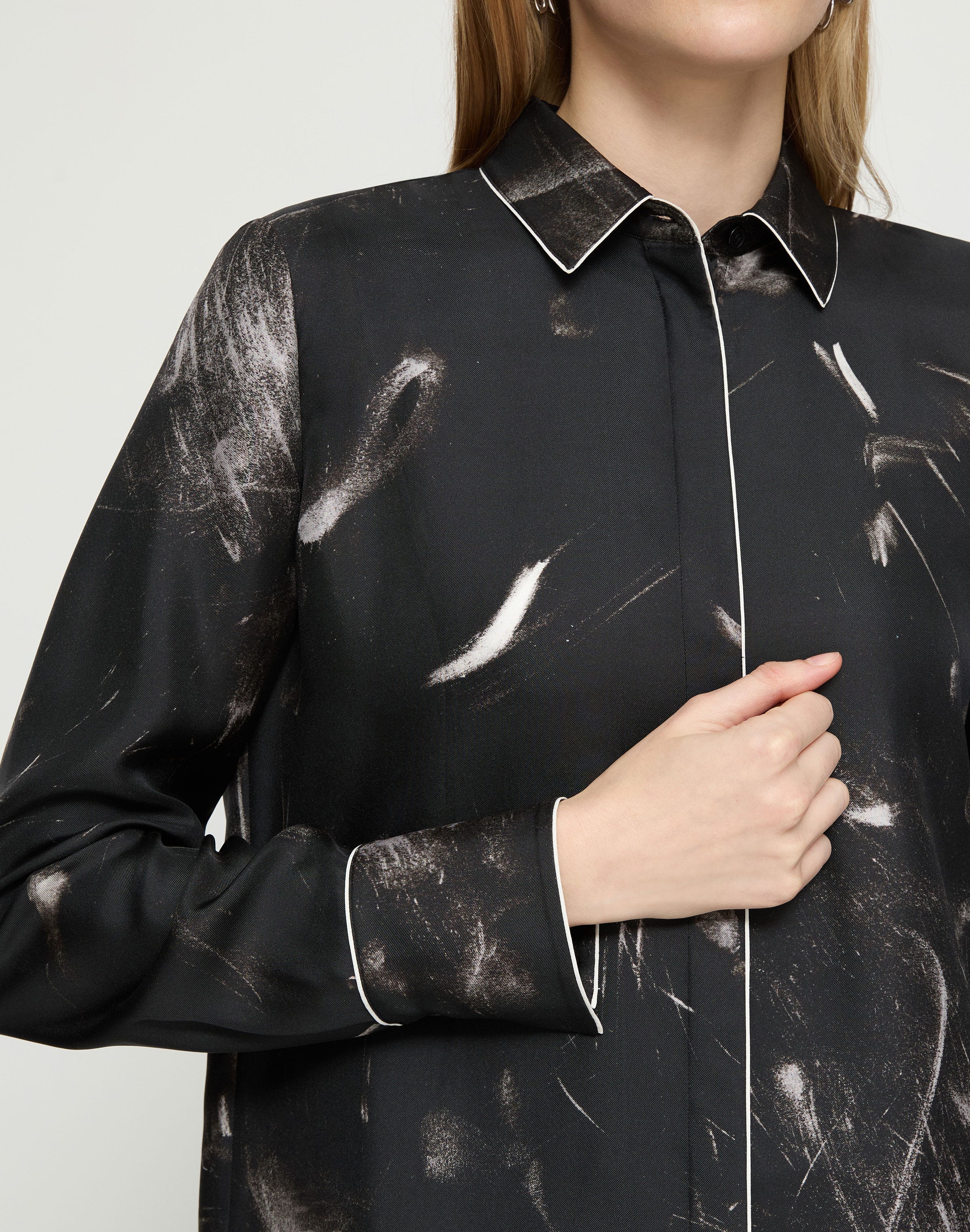 Charcoal Print Silk Twill Piped Button Blouse 