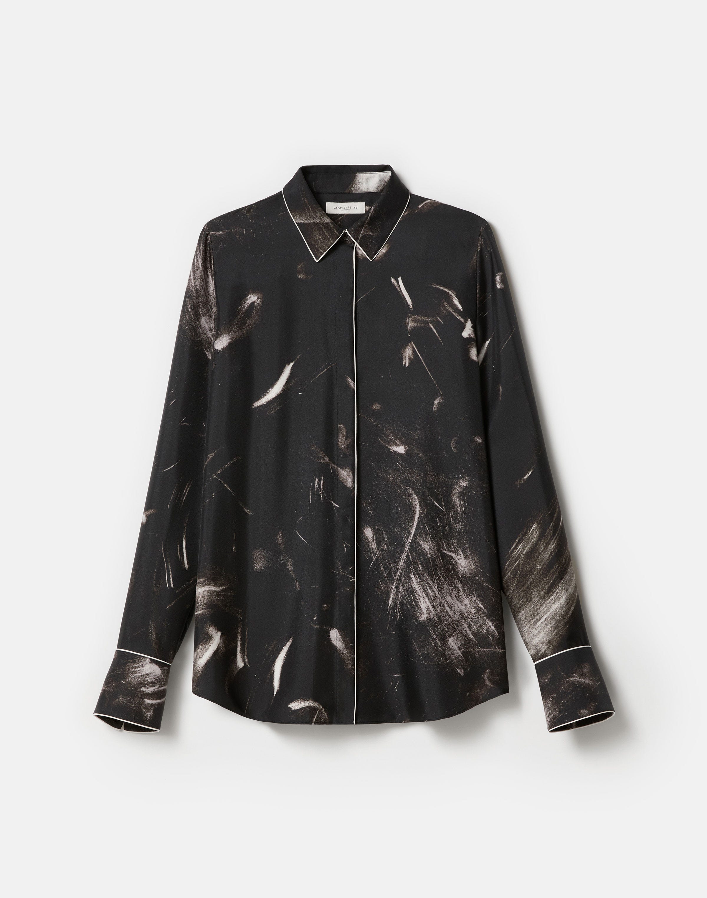 Charcoal Print Silk Twill Piped Button Blouse 