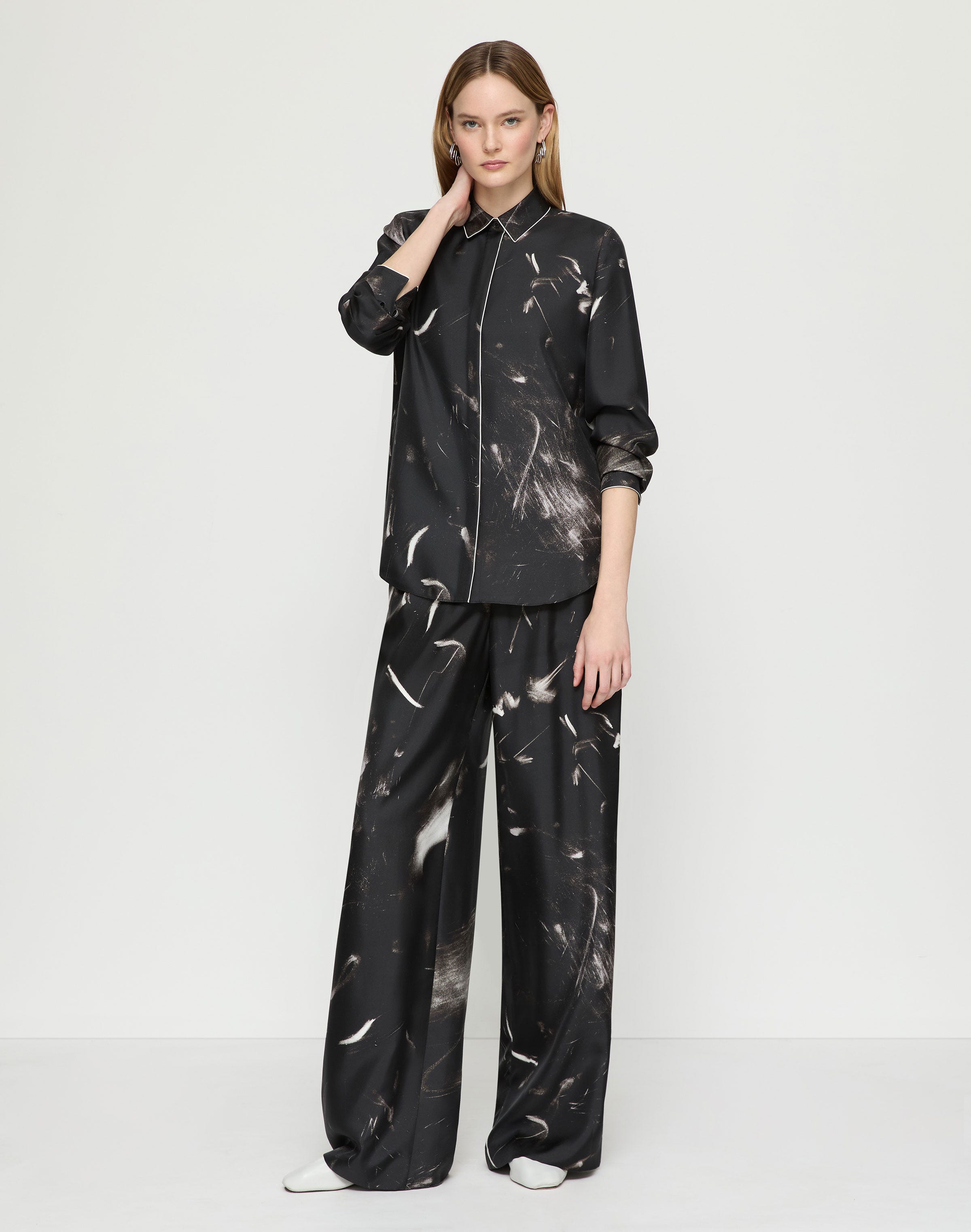 Charcoal Print Silk Twill Piped Button Blouse 