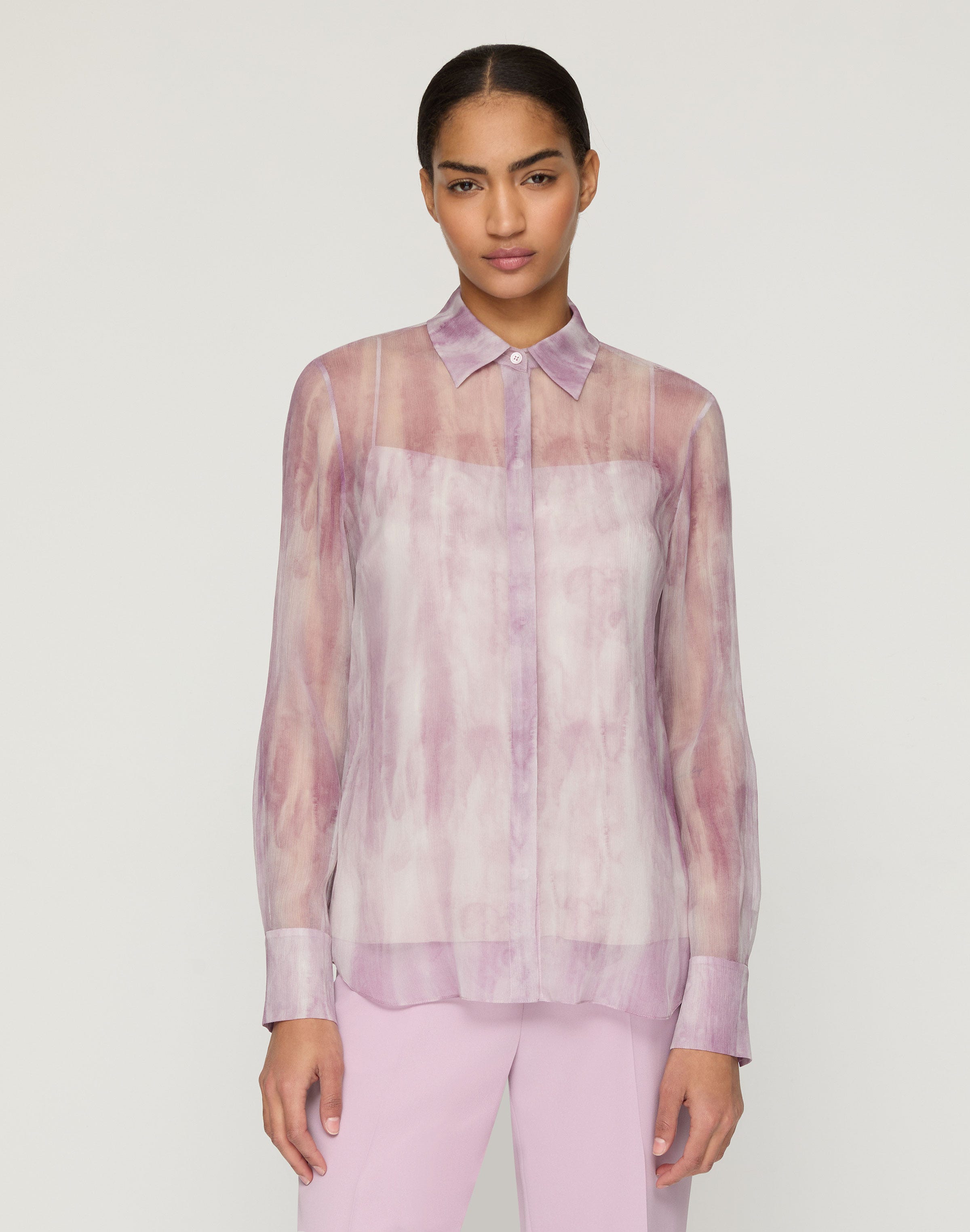 Petite Washed Glaze Print Silk Crépon Button Blouse