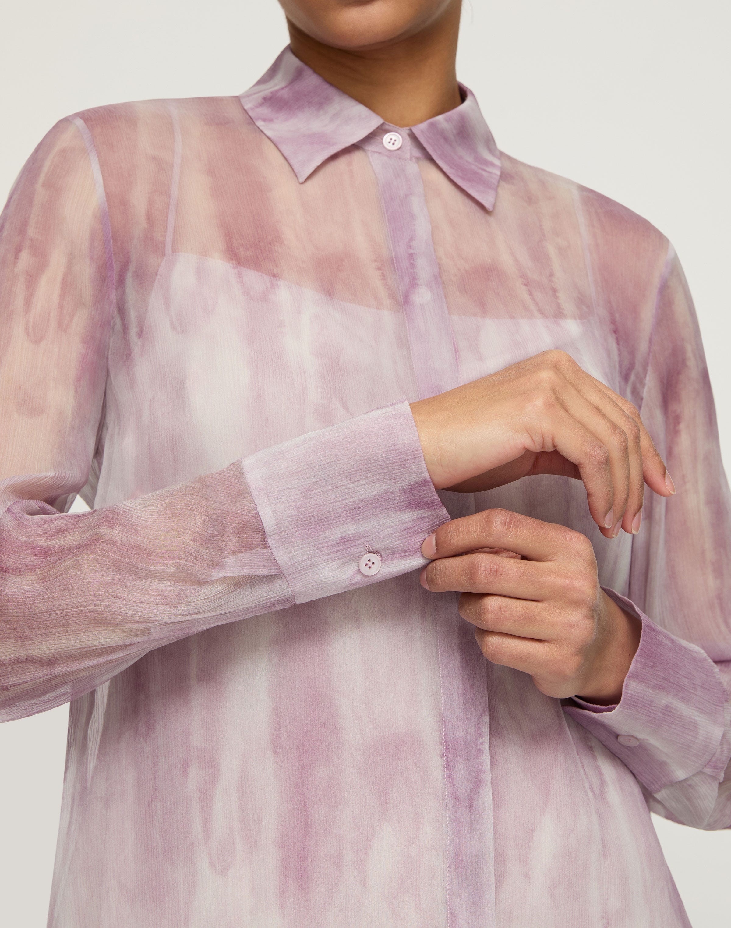 Petite Washed Glaze Print Silk Crépon Button Blouse