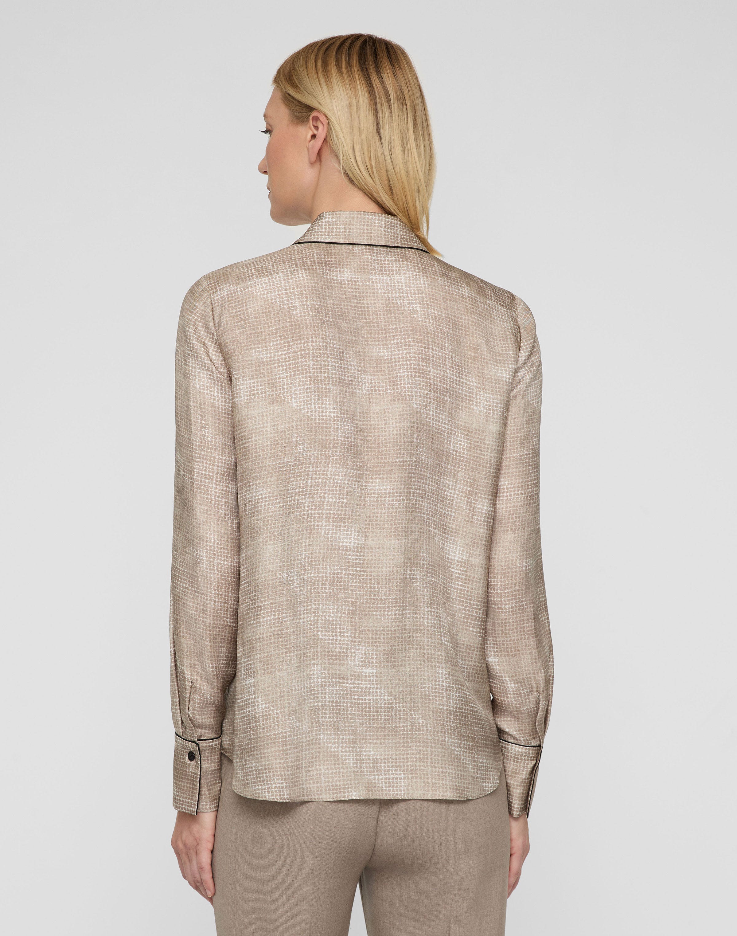 Diffused Houndstooth Print Silk Twill Button Blouse