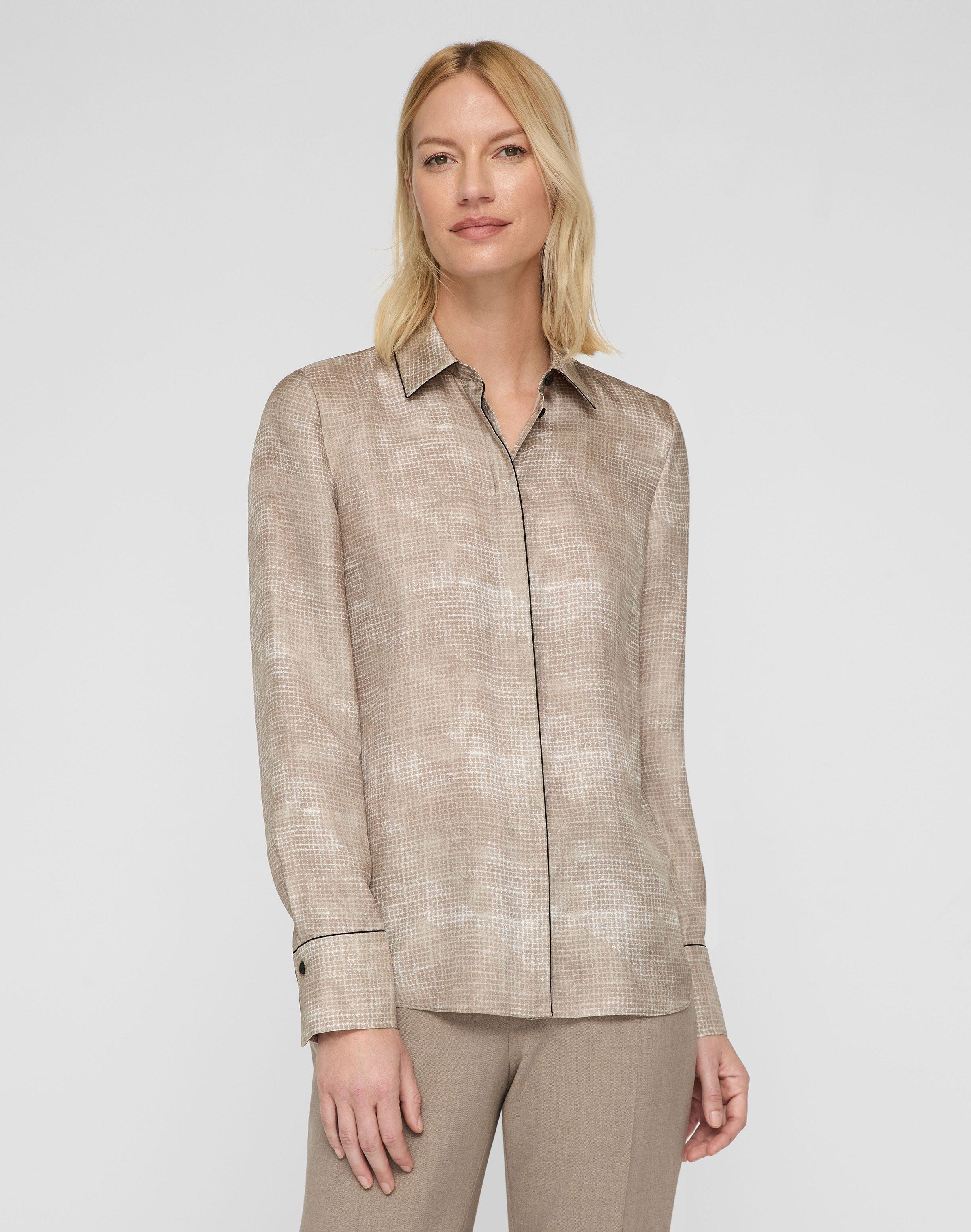 Diffused Houndstooth Print Silk Twill Button Blouse