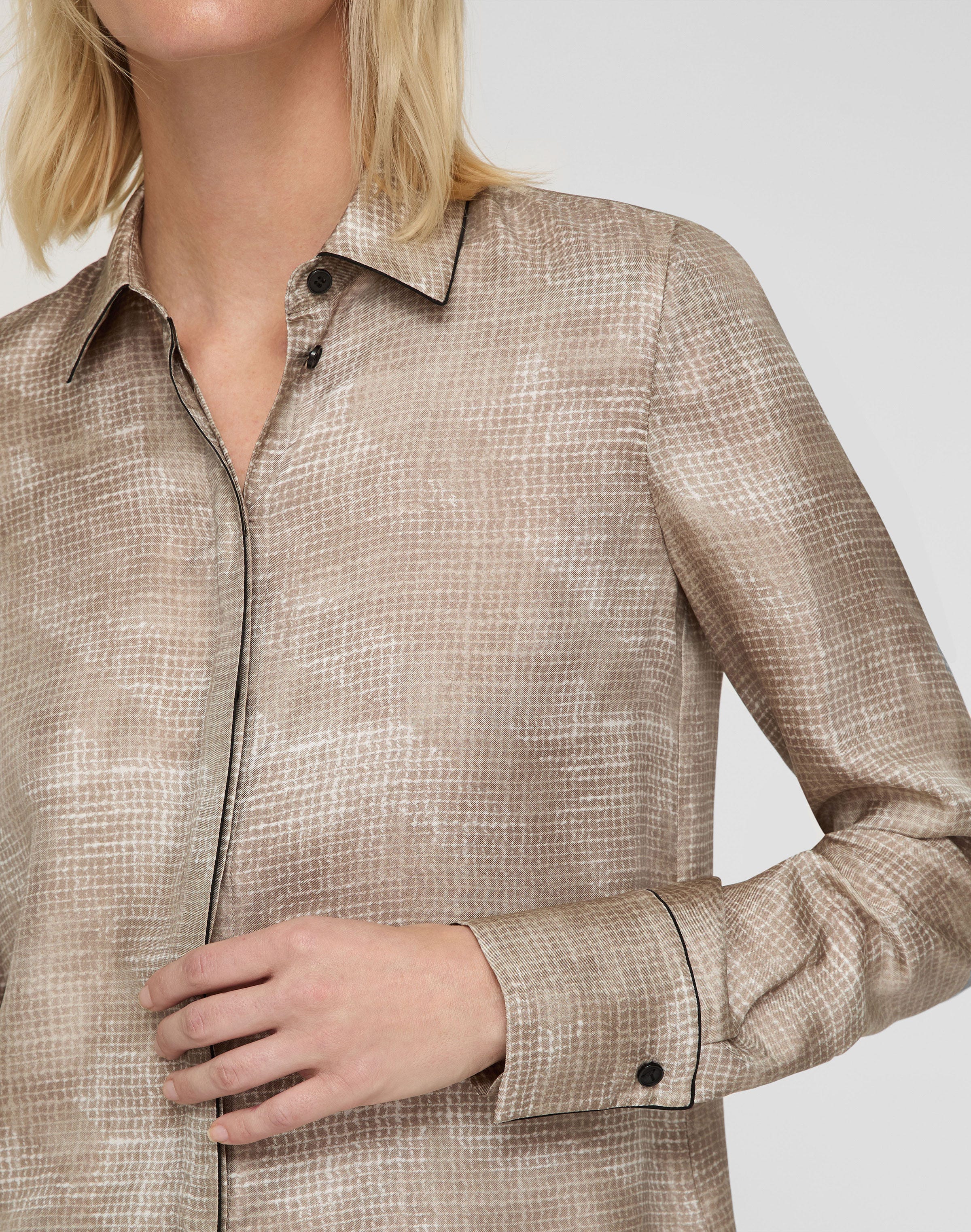 Diffused Houndstooth Print Silk Twill Button Blouse