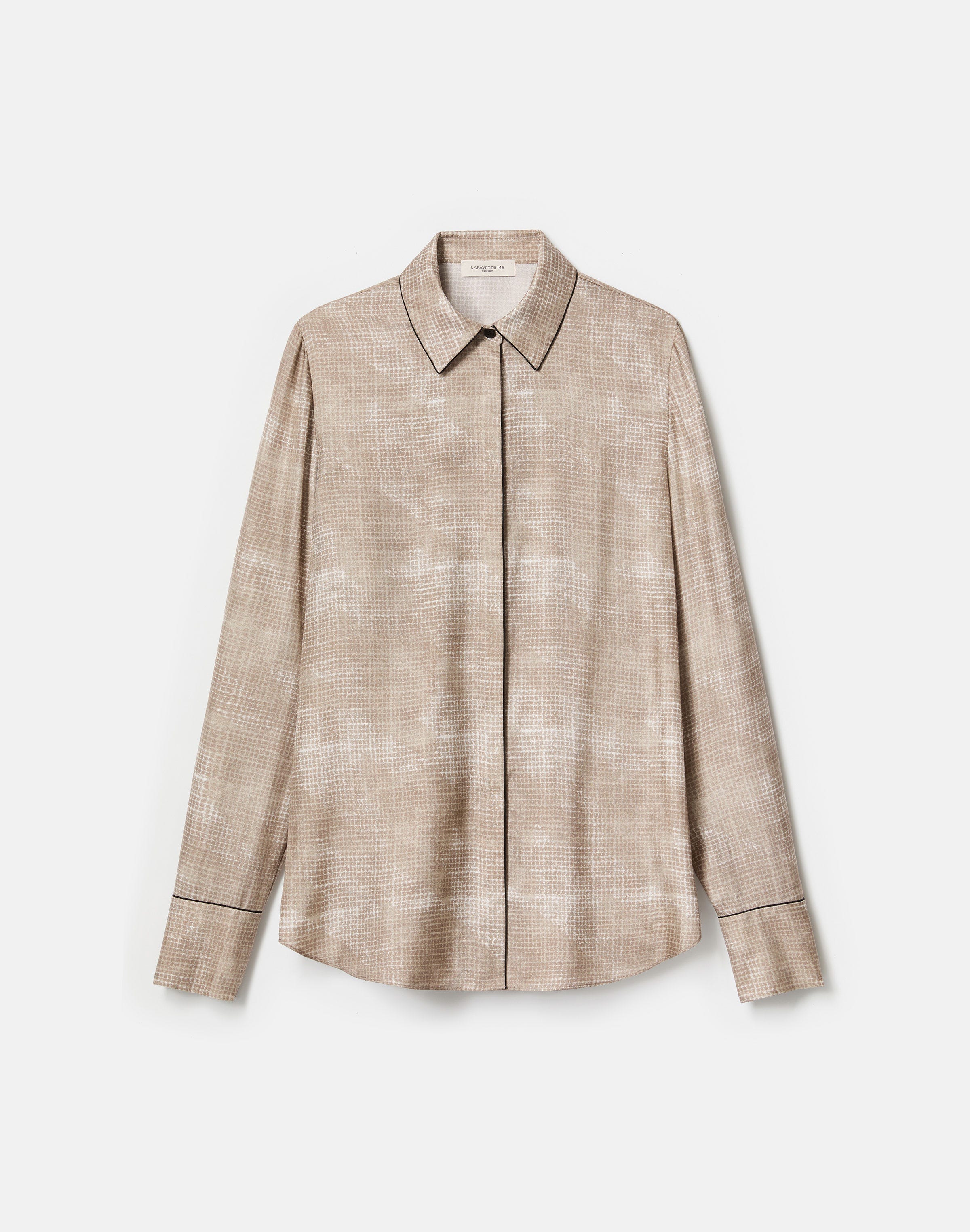 Diffused Houndstooth Print Silk Twill Button Blouse