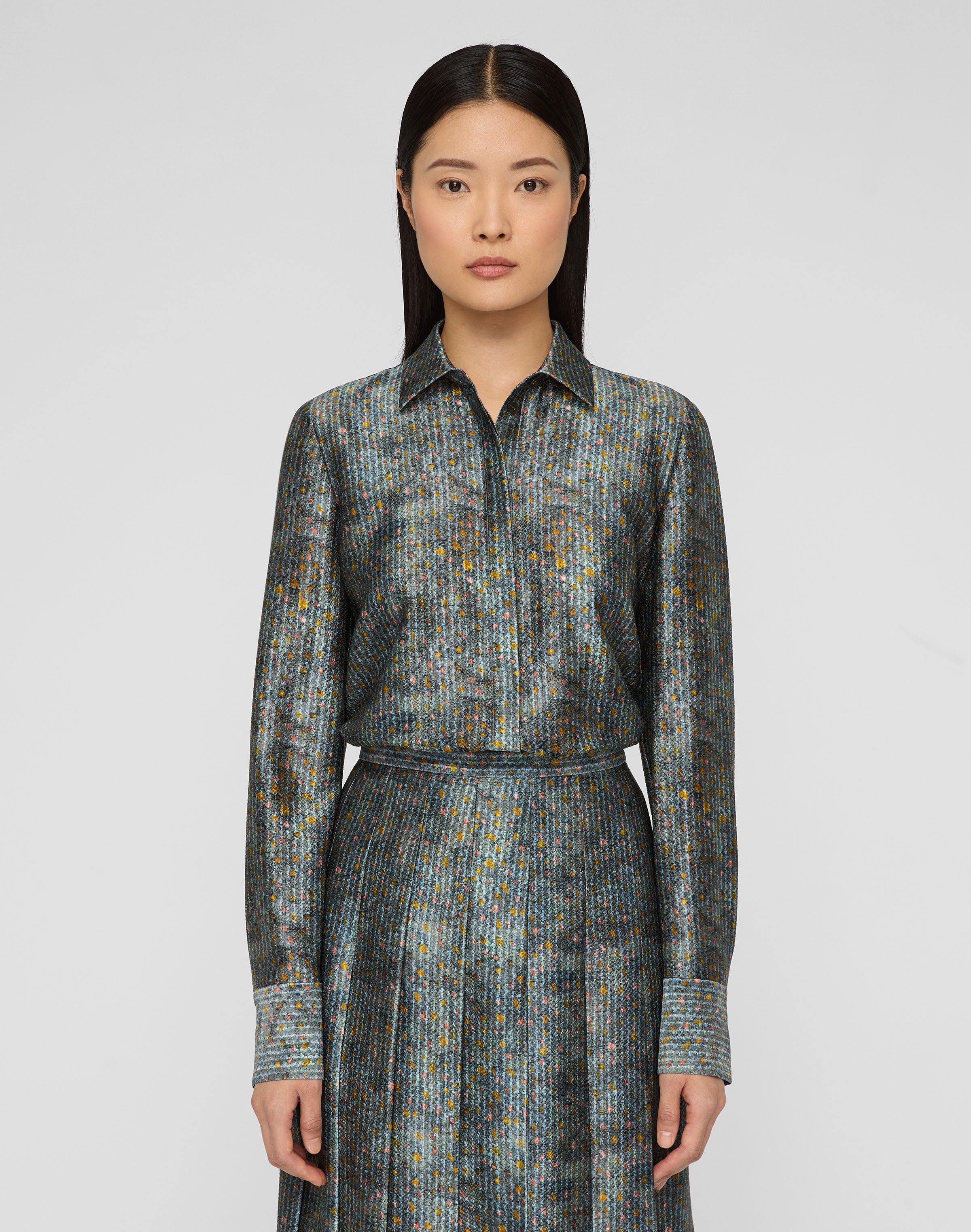 Textile Print Textured Silk Button Blouse