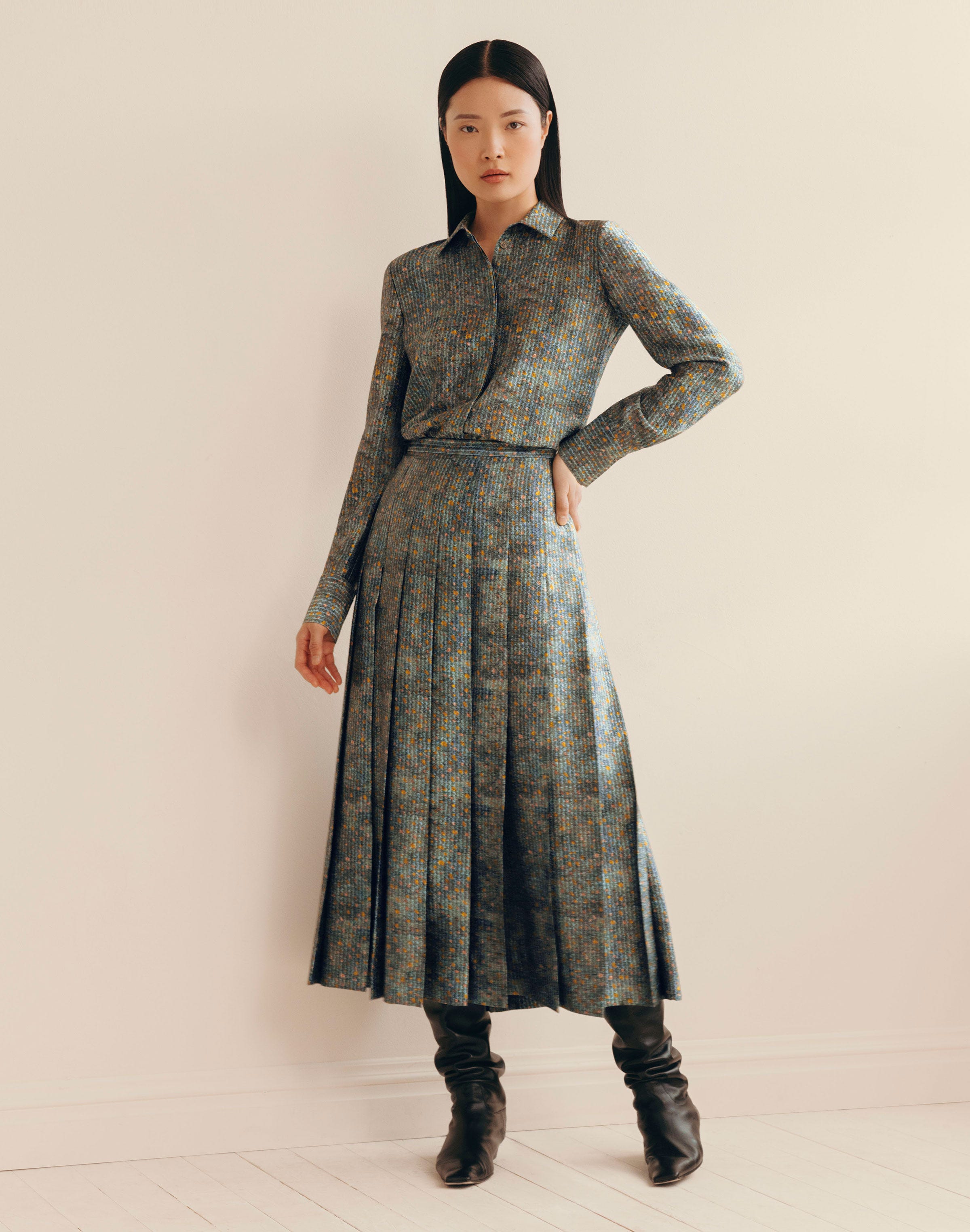 Textile Print Textured Silk Button Blouse