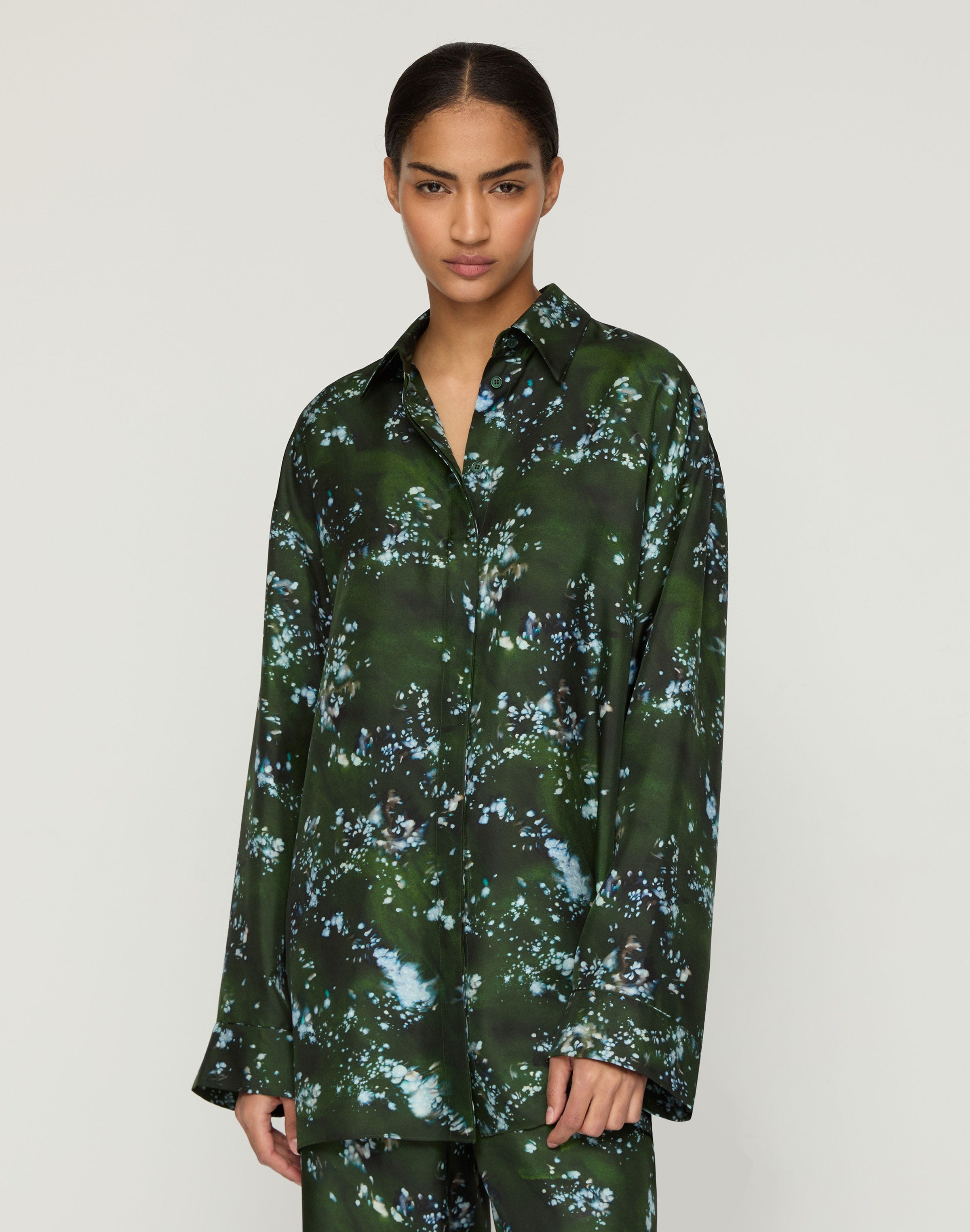 Plus-Size Splattered Glaze Print Silk Twill Oversized Blouse