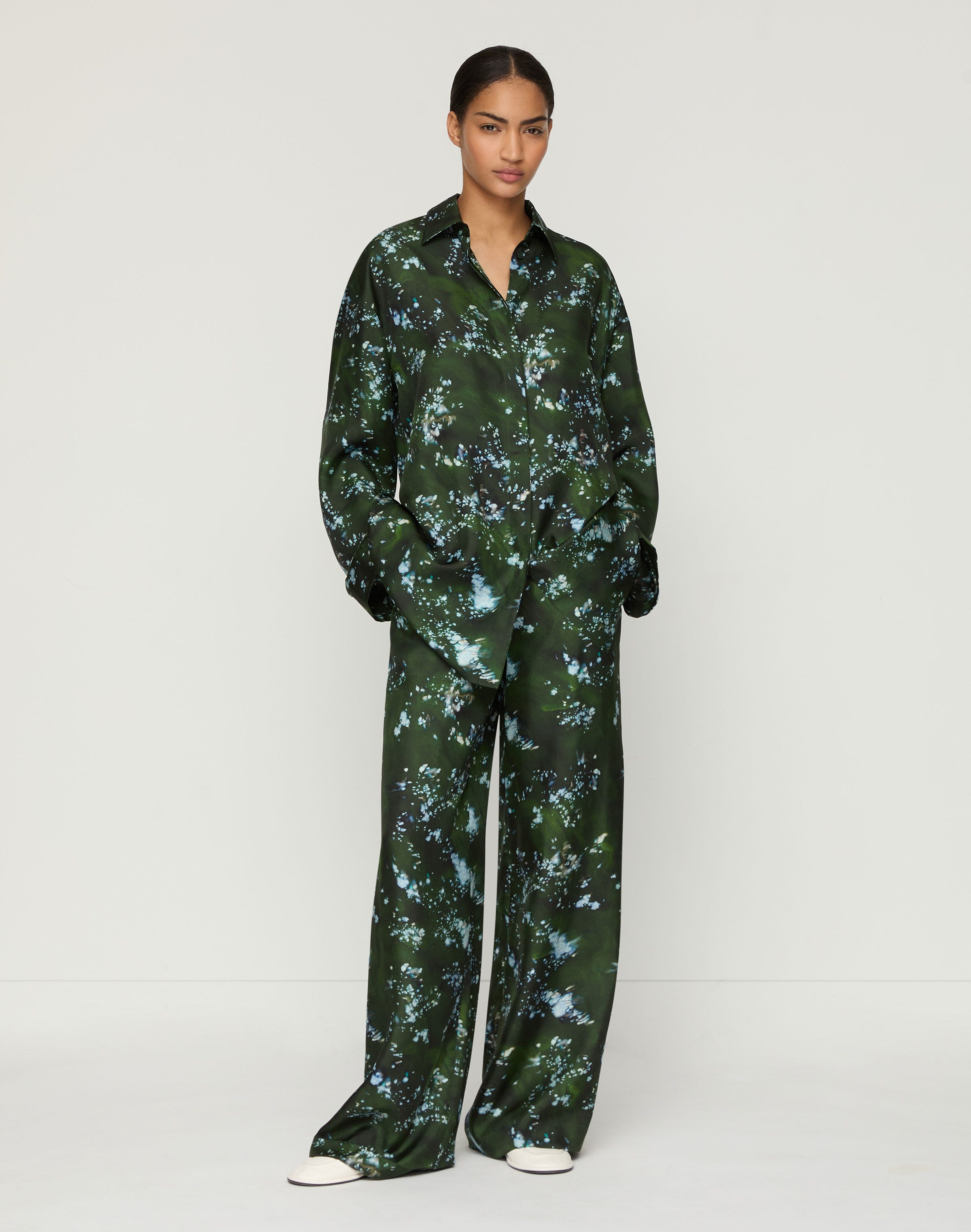 Plus-Size Splattered Glaze Print Silk Twill Oversized Blouse