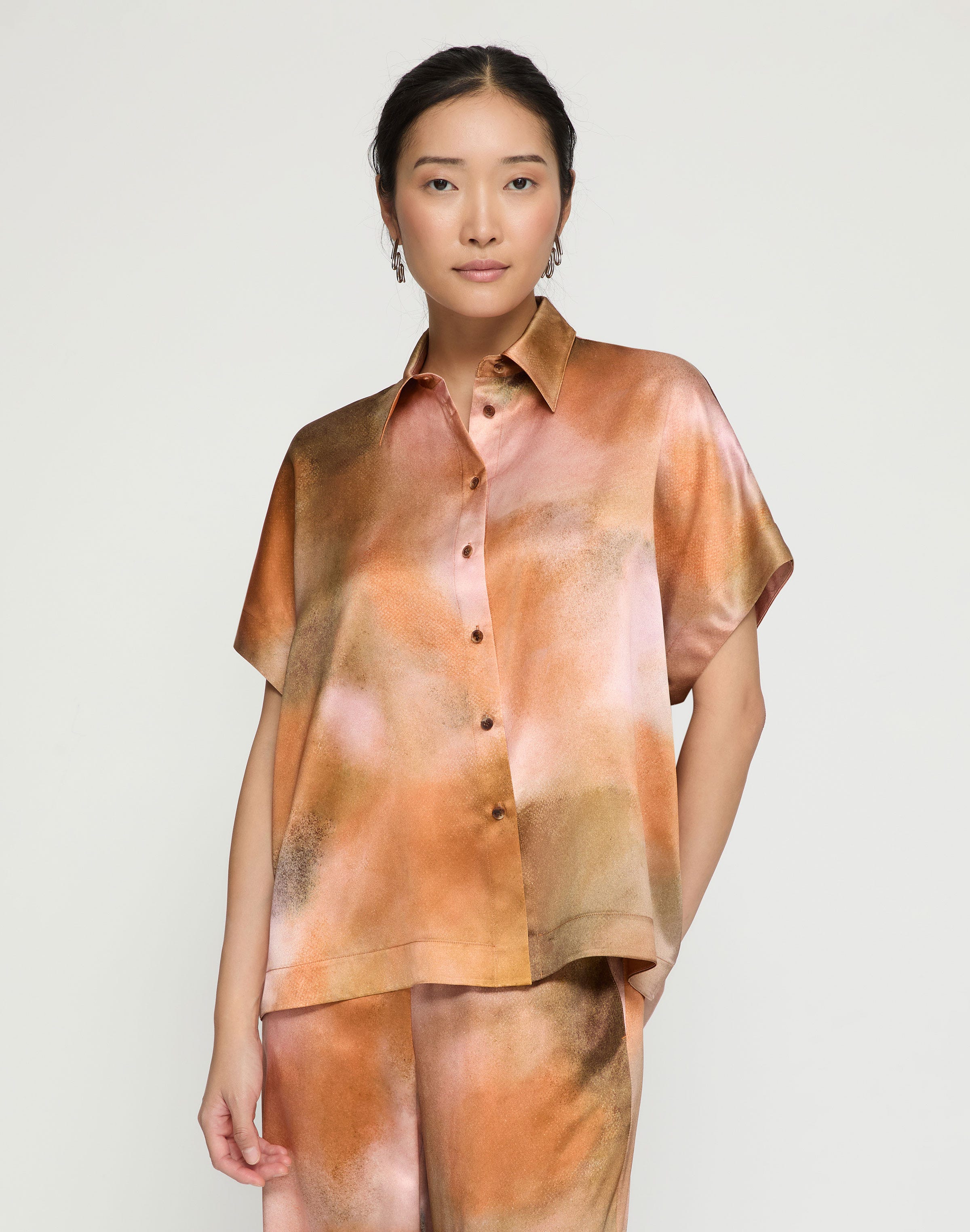 Pastel Print Silk Satin Dolman Oversized Blouse