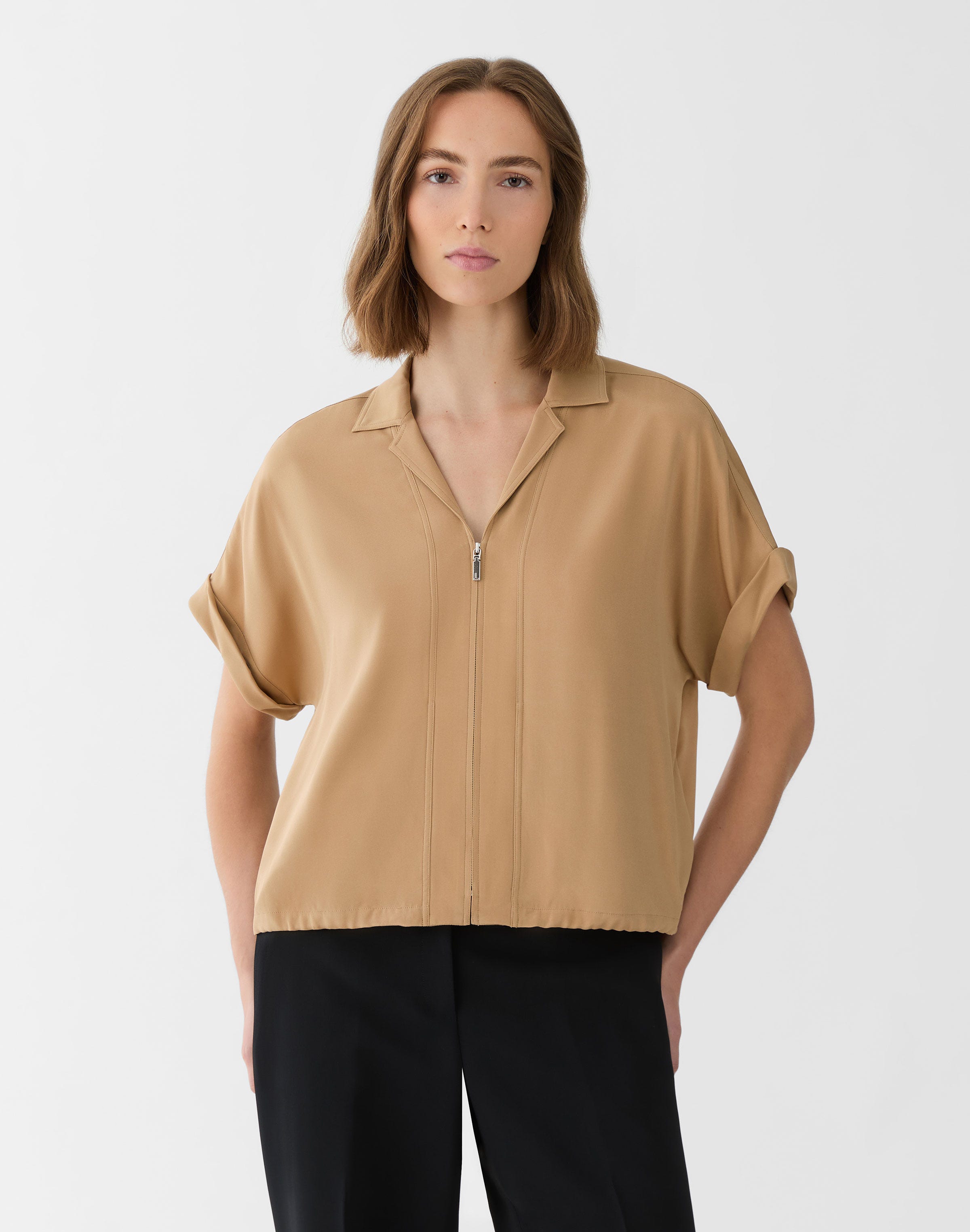 Organic Silk Stretch Georgette Zip Front Blouse