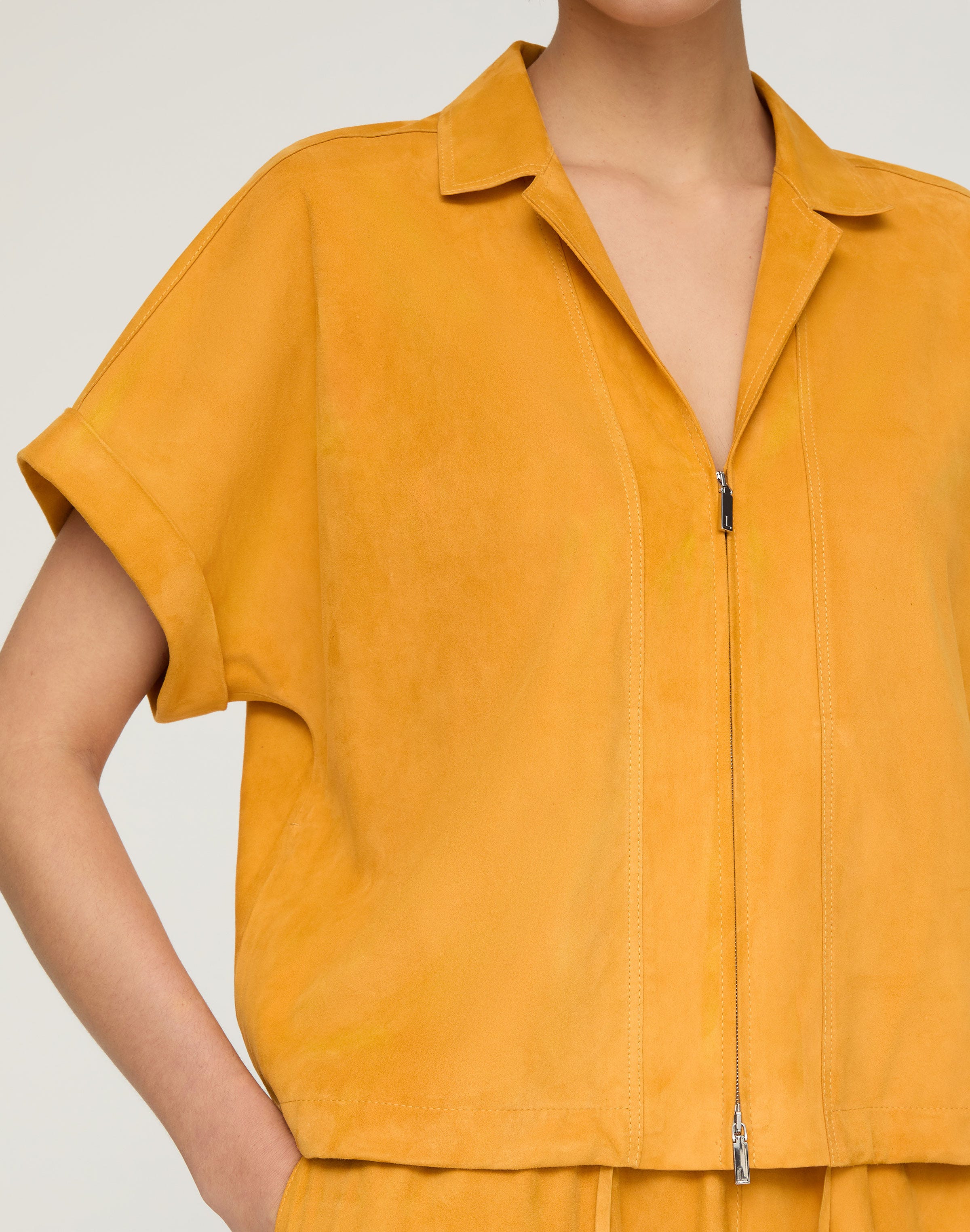 Paperfine Suede Short Sleeve Zip Front Blouse
