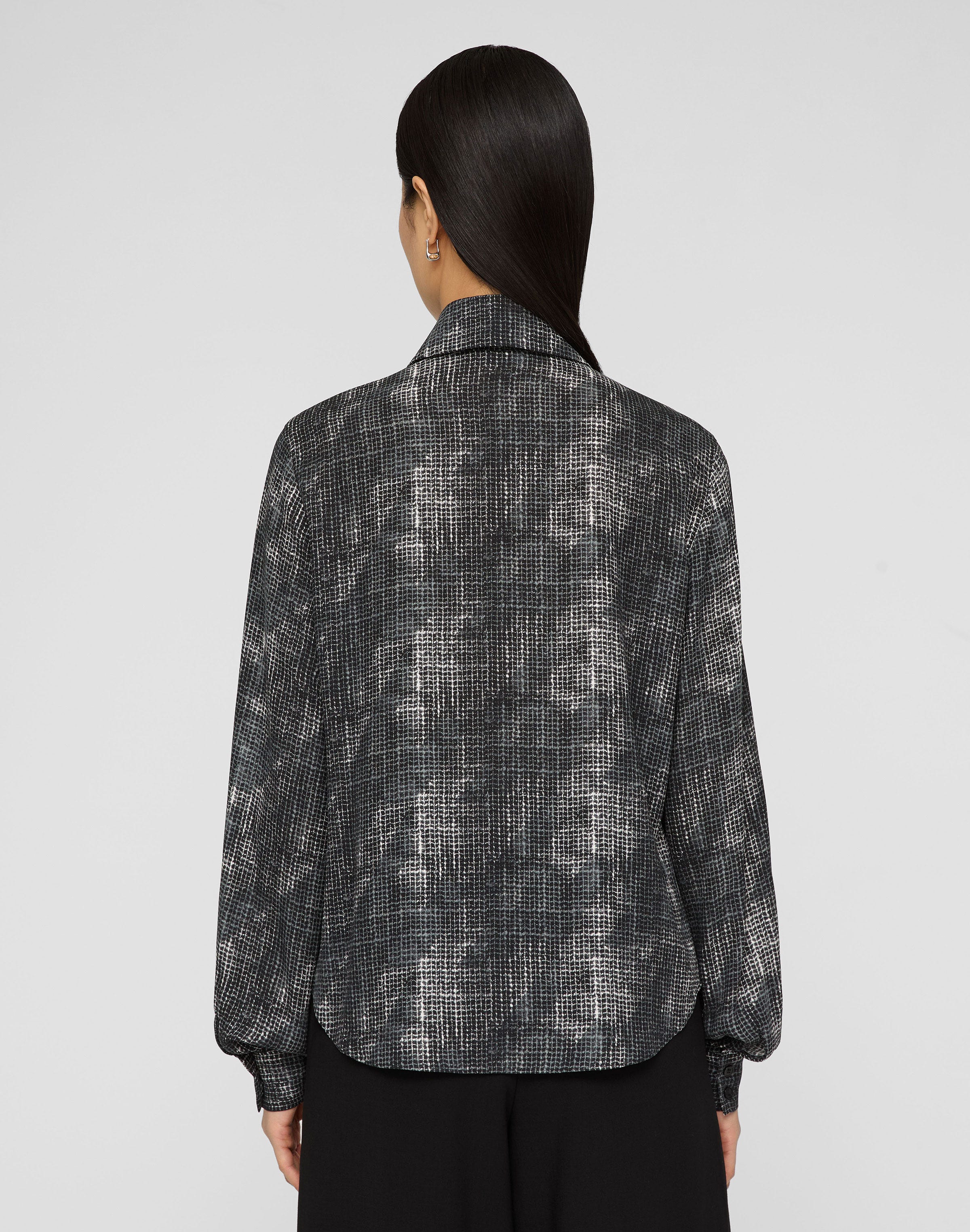 Diffused Houndstooth Print Silk Chiffon Blouse