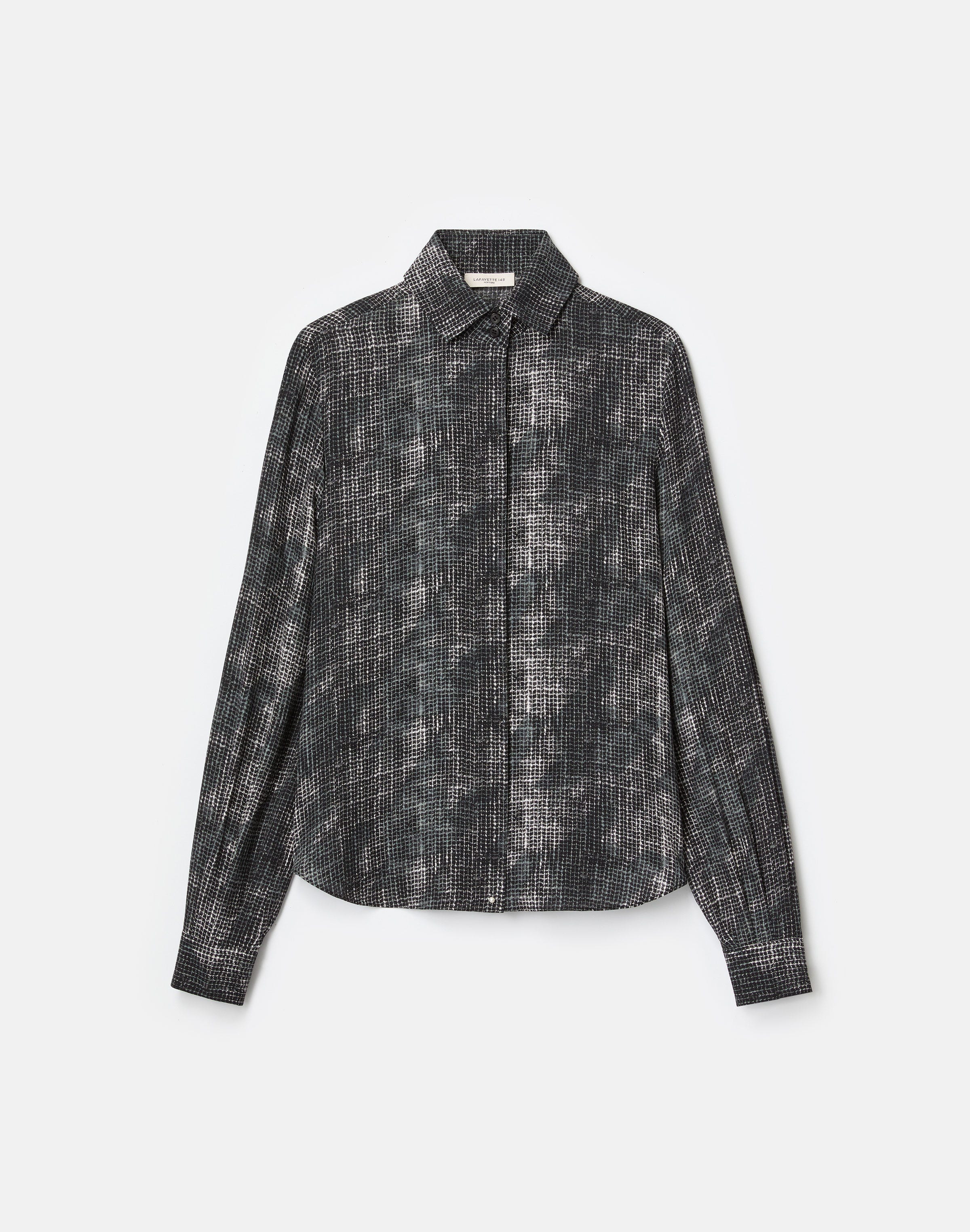 Diffused Houndstooth Print Silk Chiffon Blouse
