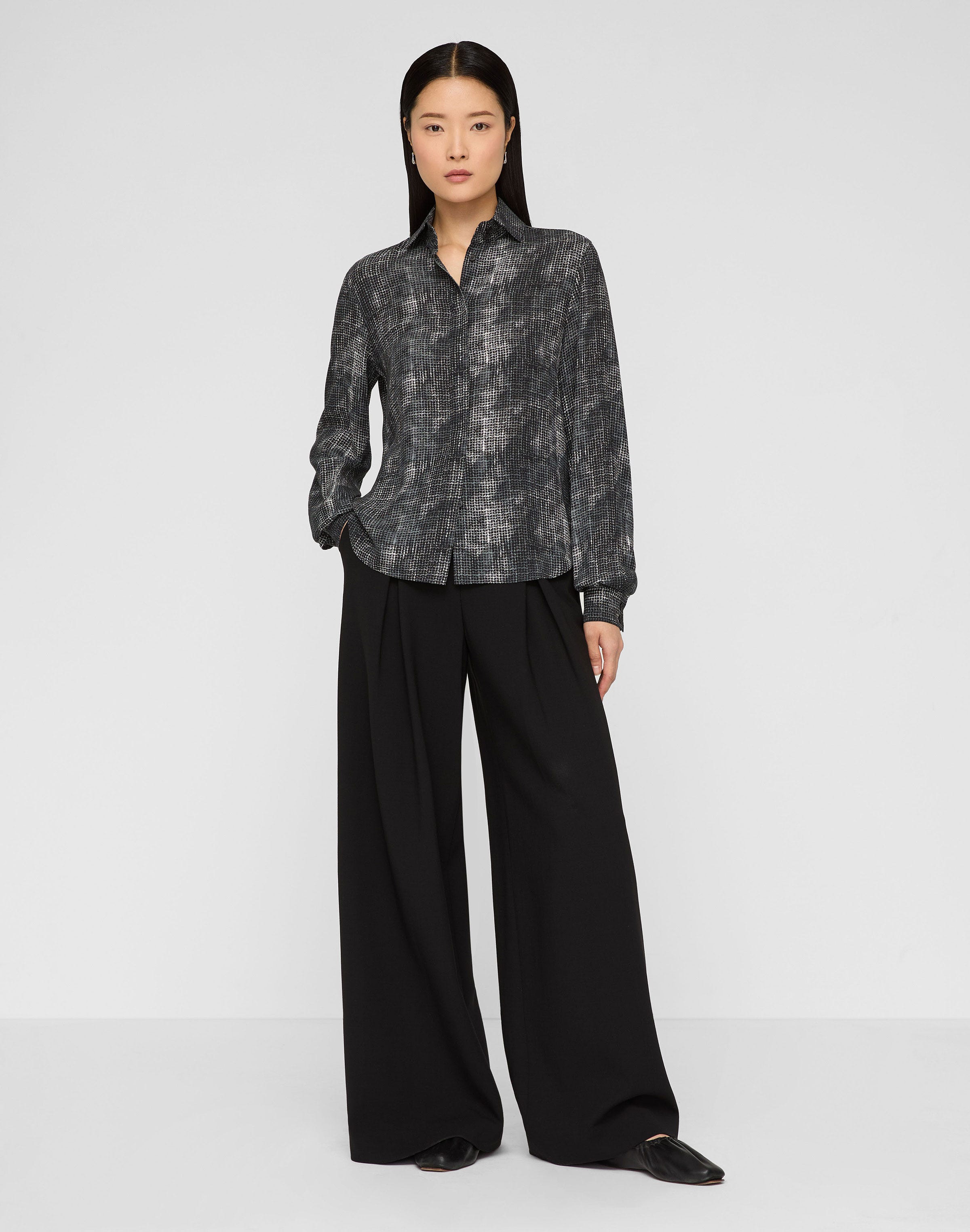Diffused Houndstooth Print Silk Chiffon Blouse