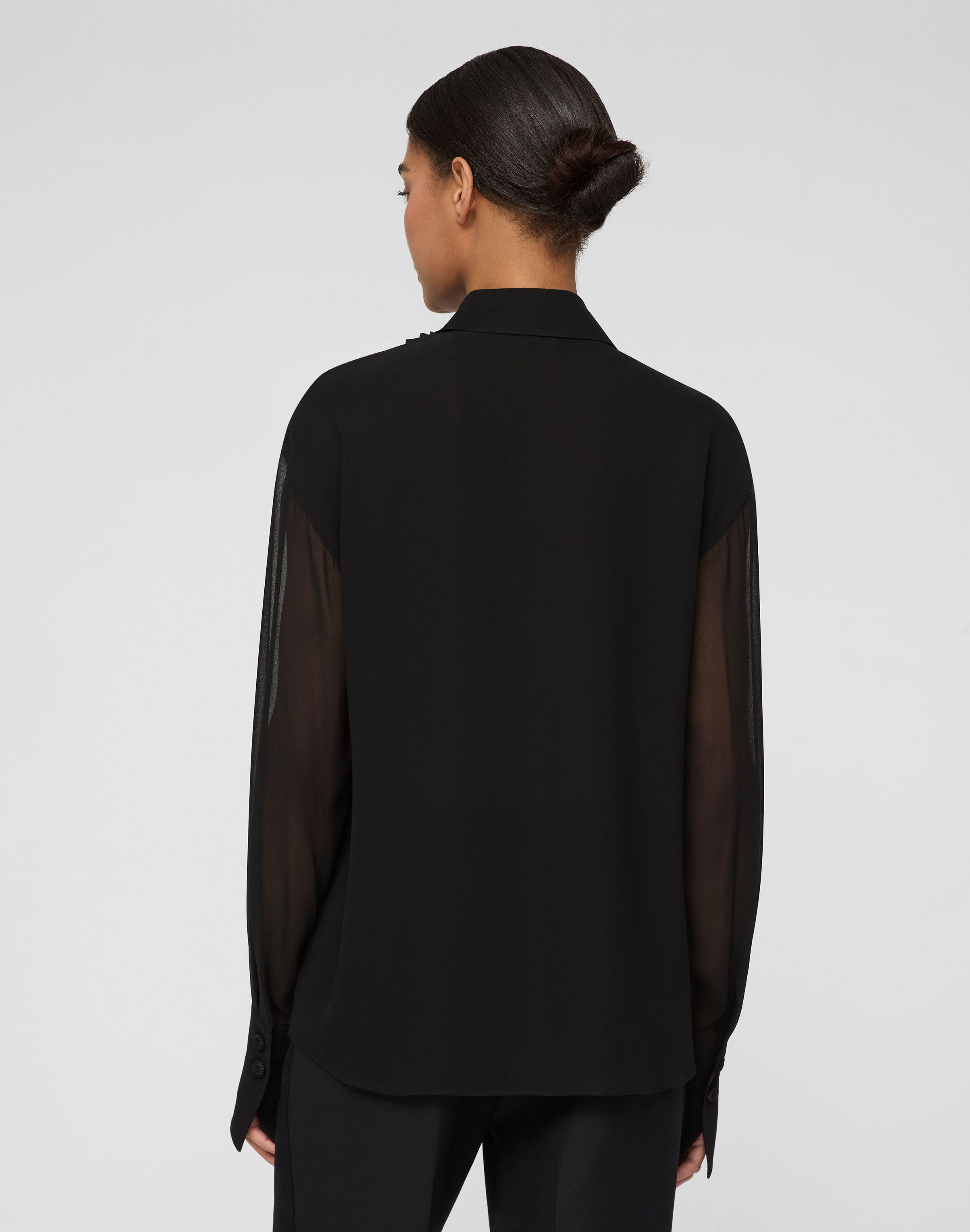 Silk Georgette Hand Beaded Ruffle Tuxedo Blouse