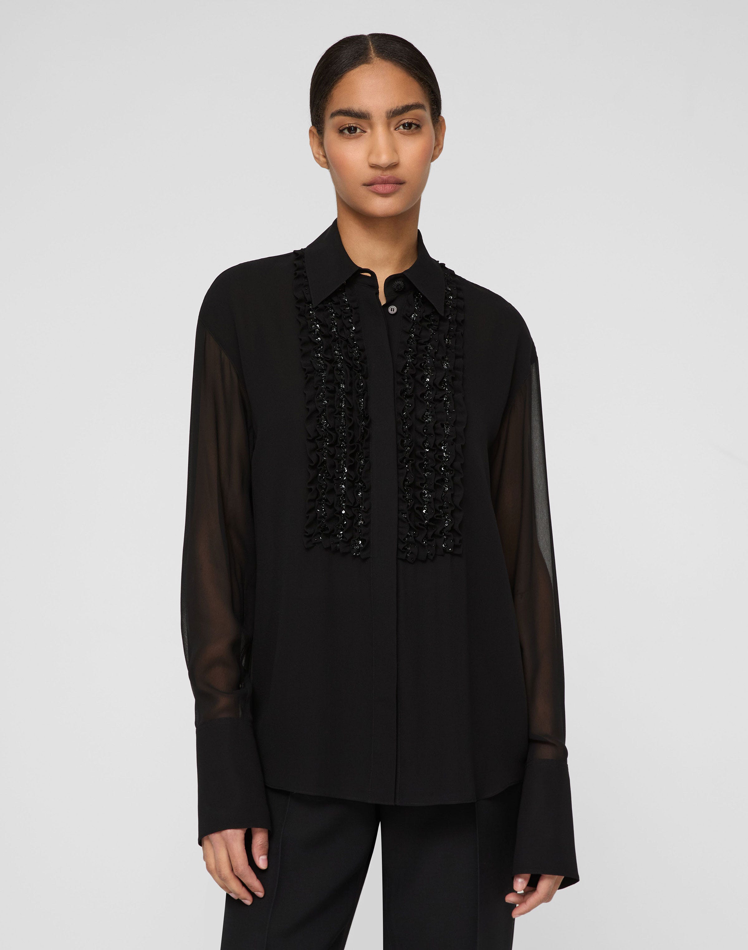 Silk Georgette Hand Beaded Ruffle Tuxedo Blouse