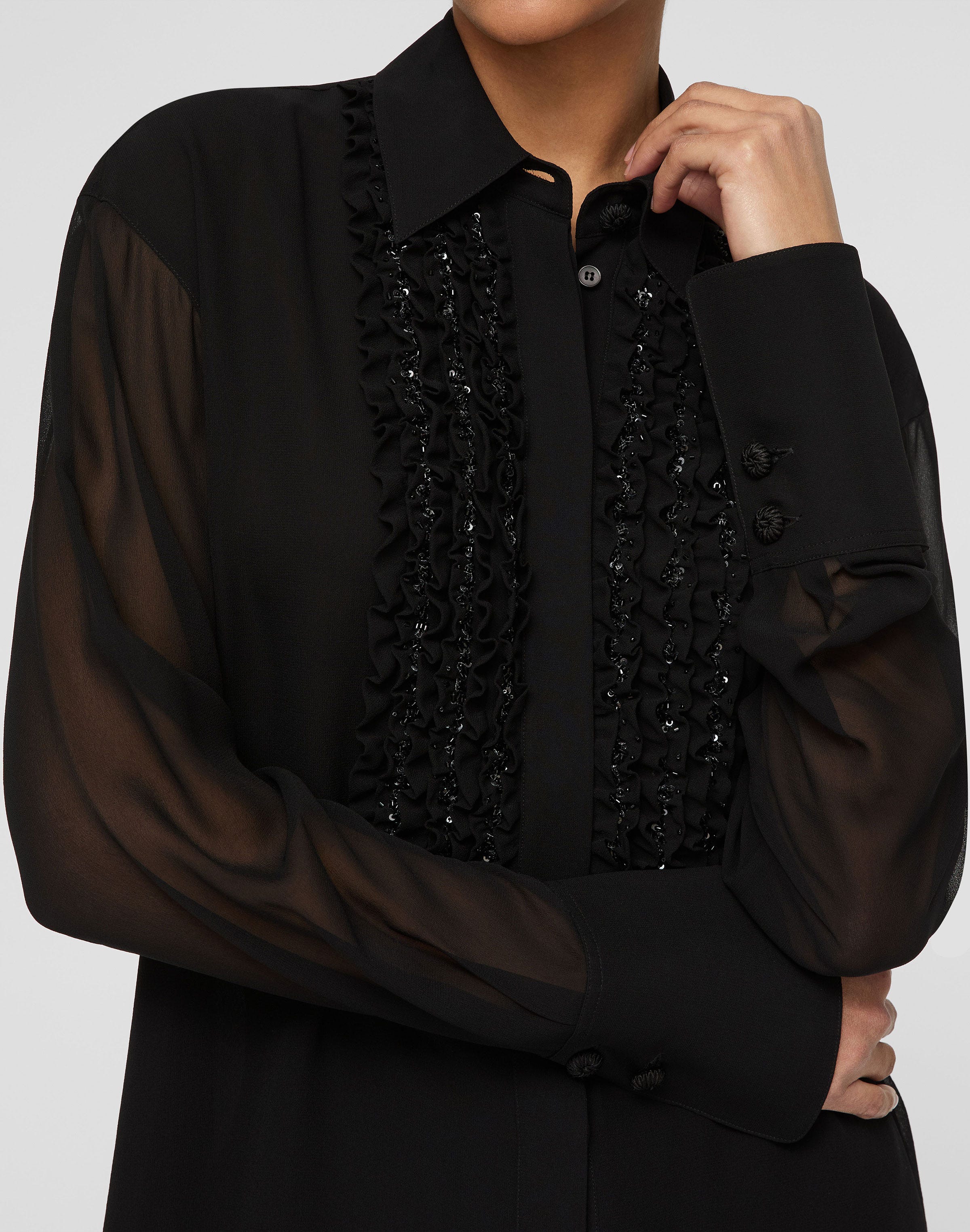 Silk Georgette Hand Beaded Ruffle Tuxedo Blouse