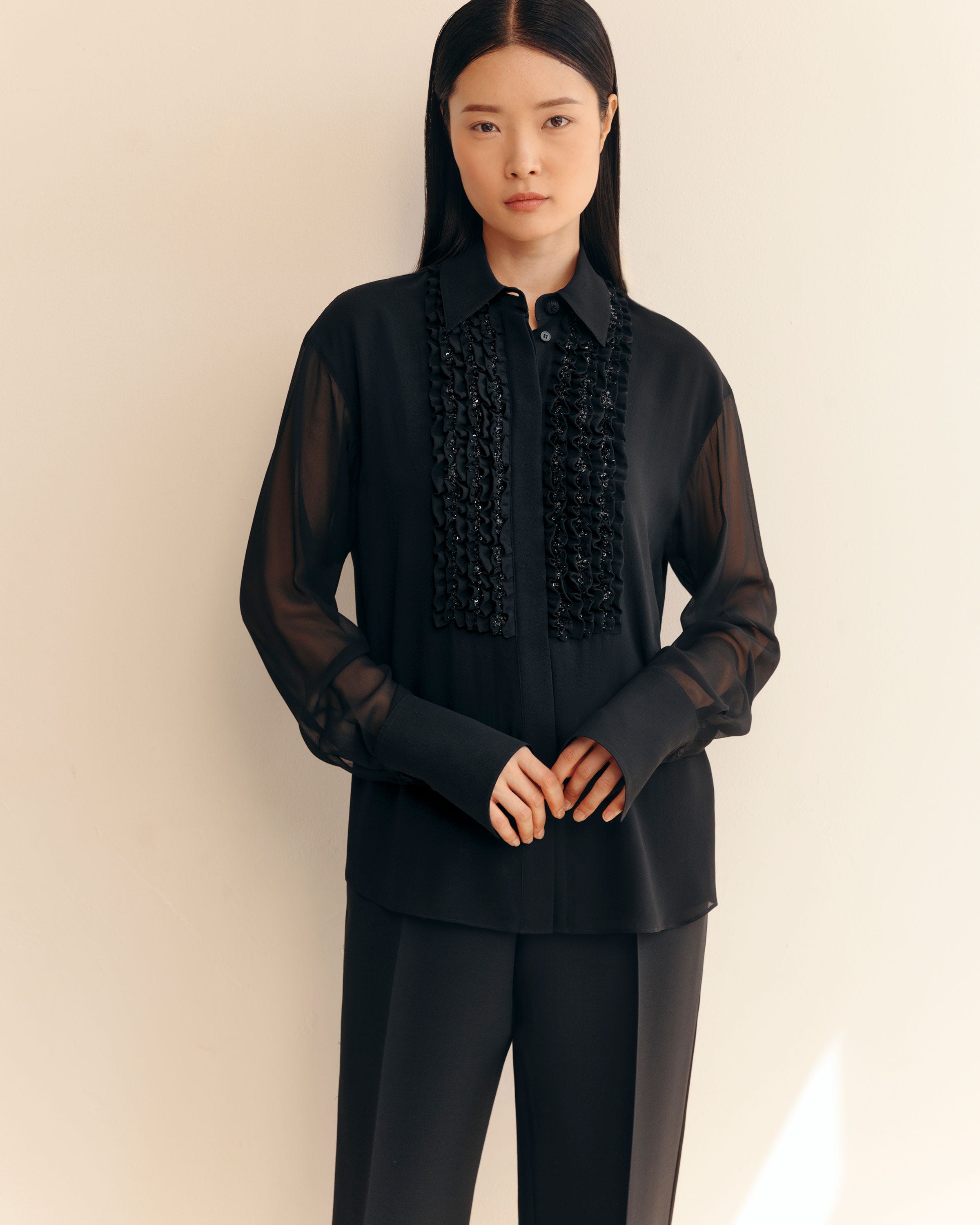 Silk Georgette Hand Beaded Ruffle Tuxedo Blouse