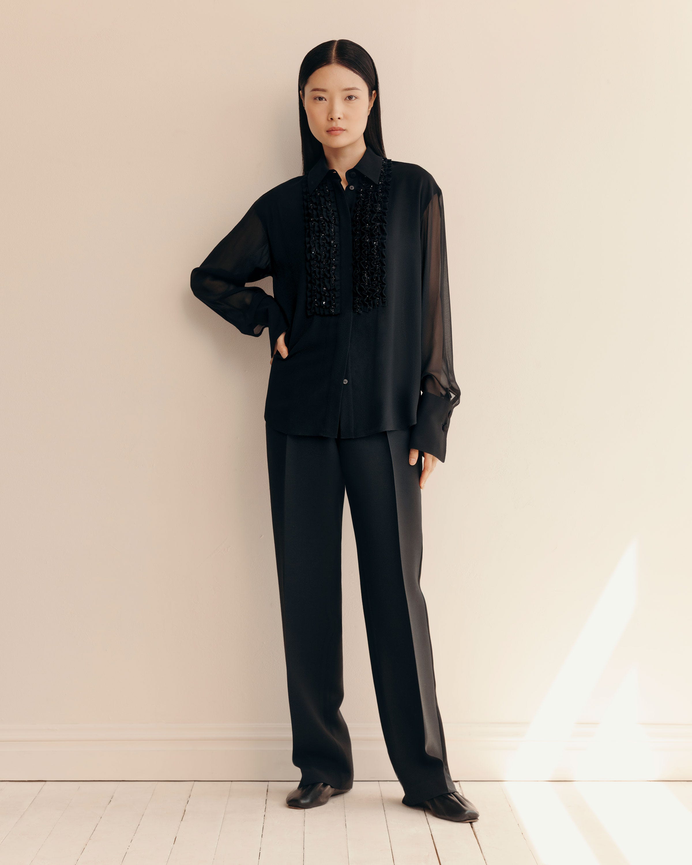 Silk Georgette Hand Beaded Ruffle Tuxedo Blouse