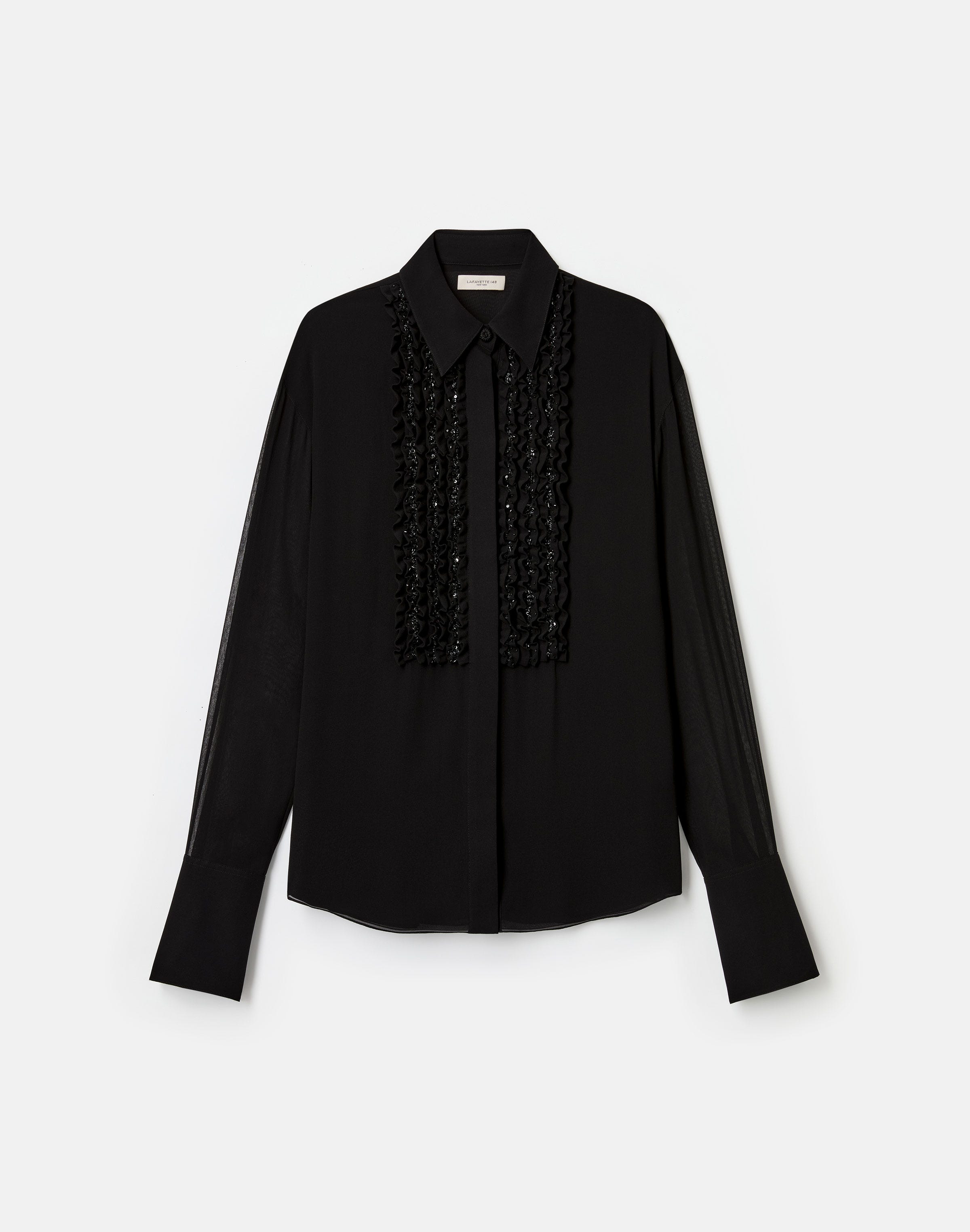 Silk Georgette Hand Beaded Ruffle Tuxedo Blouse