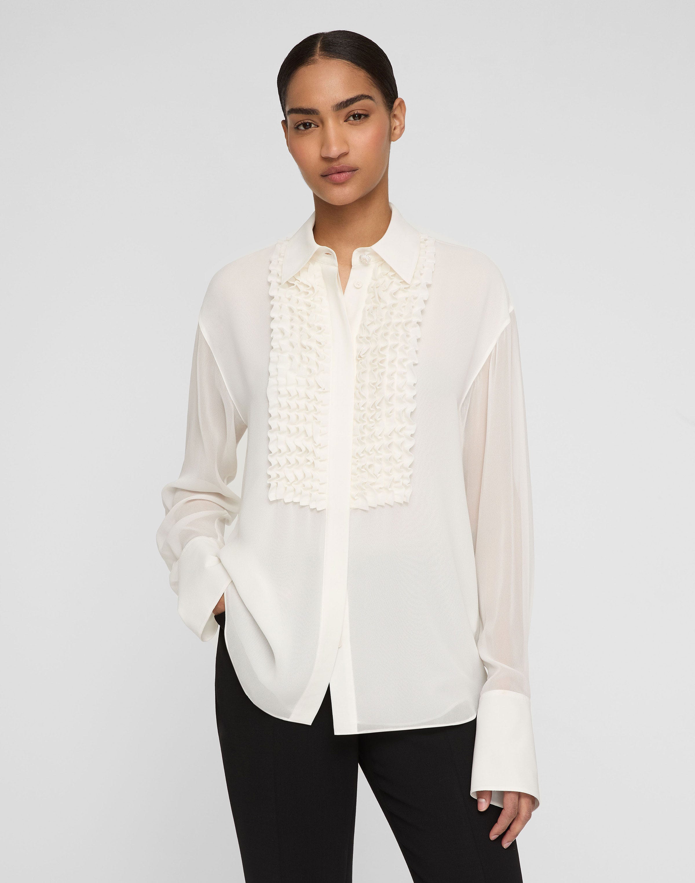 Silk Georgette Ruffled Tuxedo Blouse