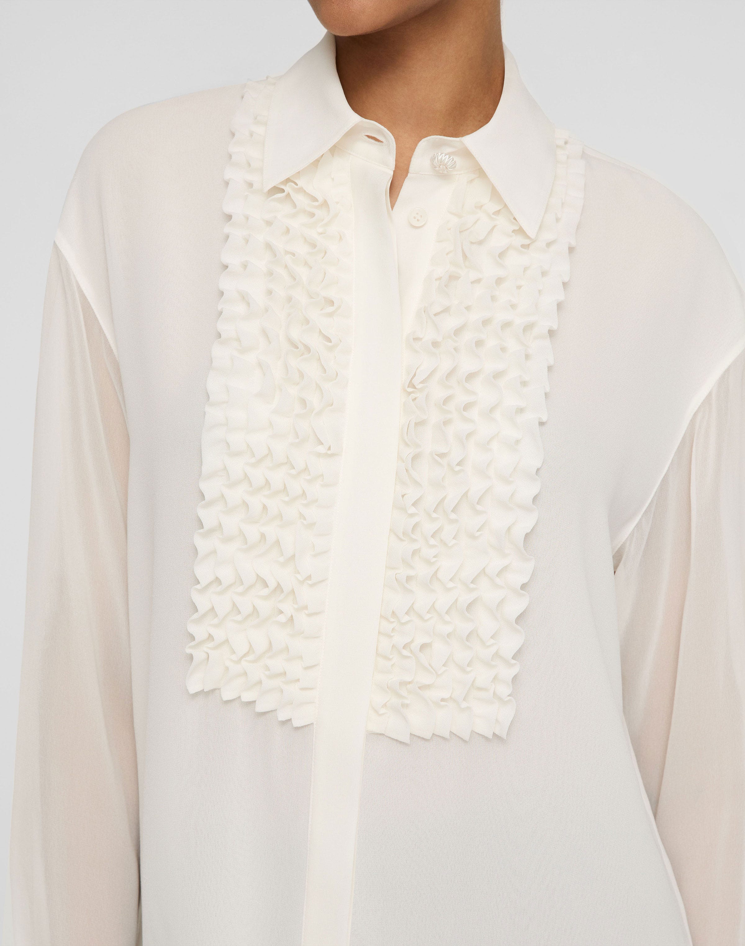 Silk Georgette Ruffled Tuxedo Blouse