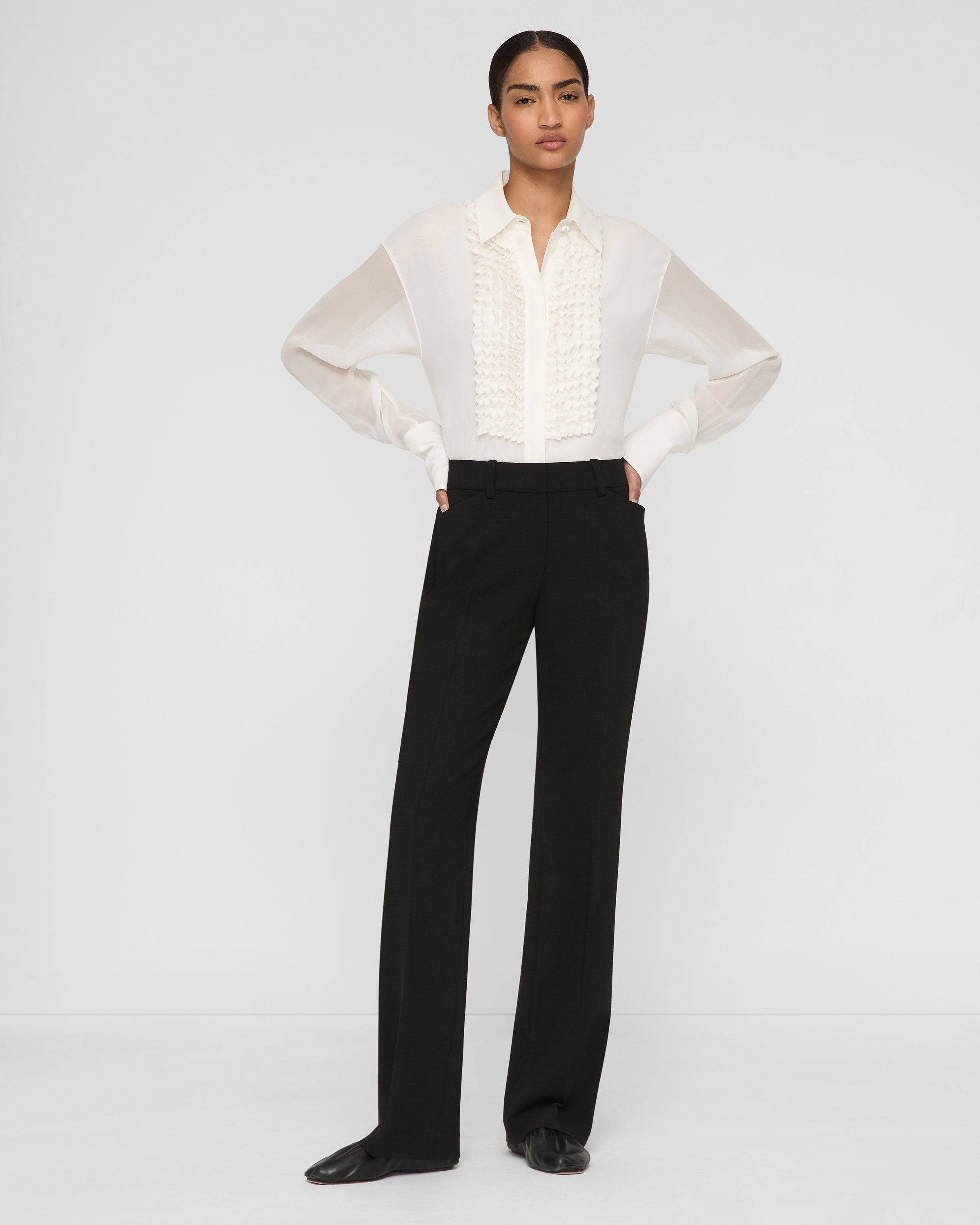Silk Georgette Ruffled Tuxedo Blouse