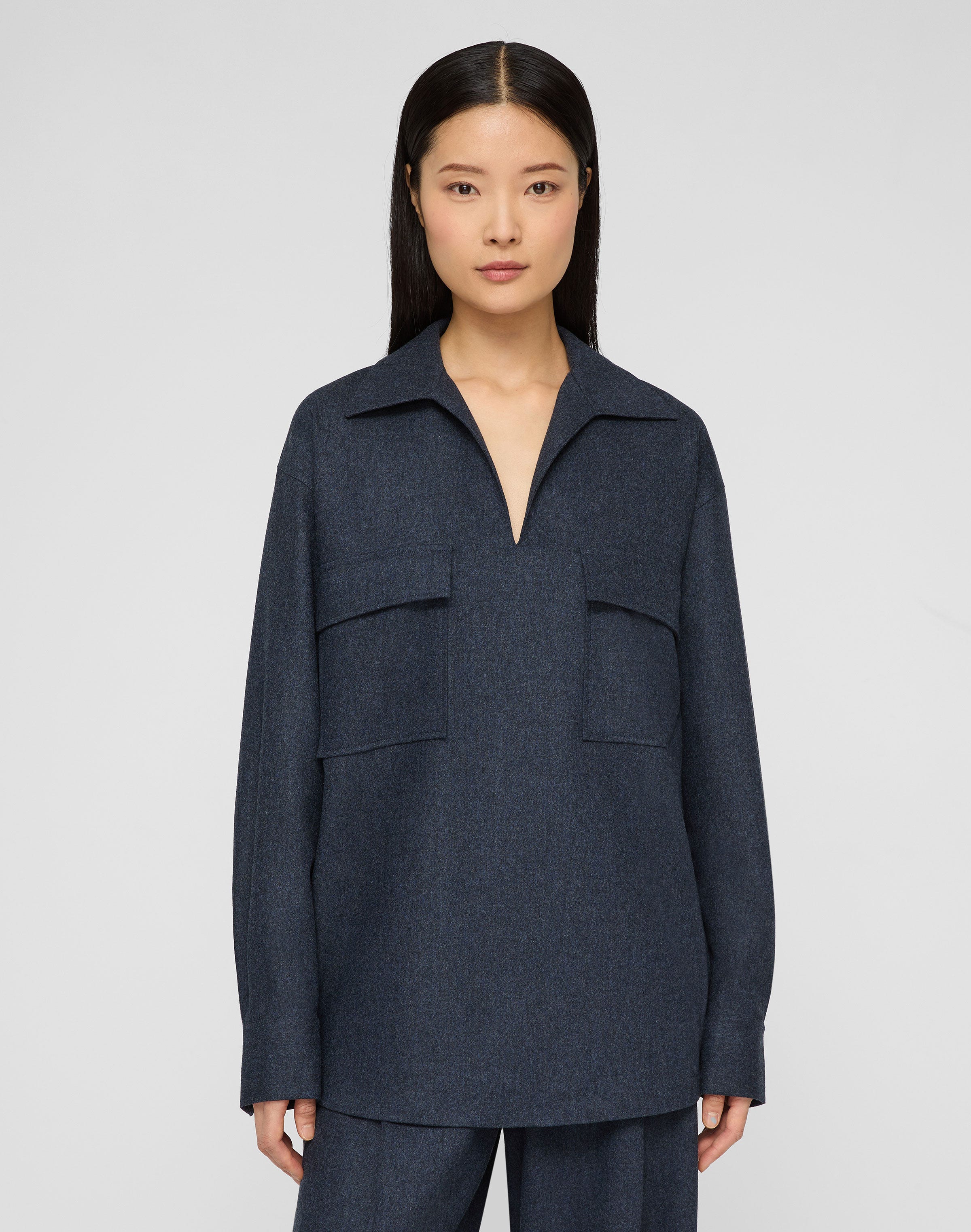 Wool-Cashmere Flannel Pocket Popover Shirt