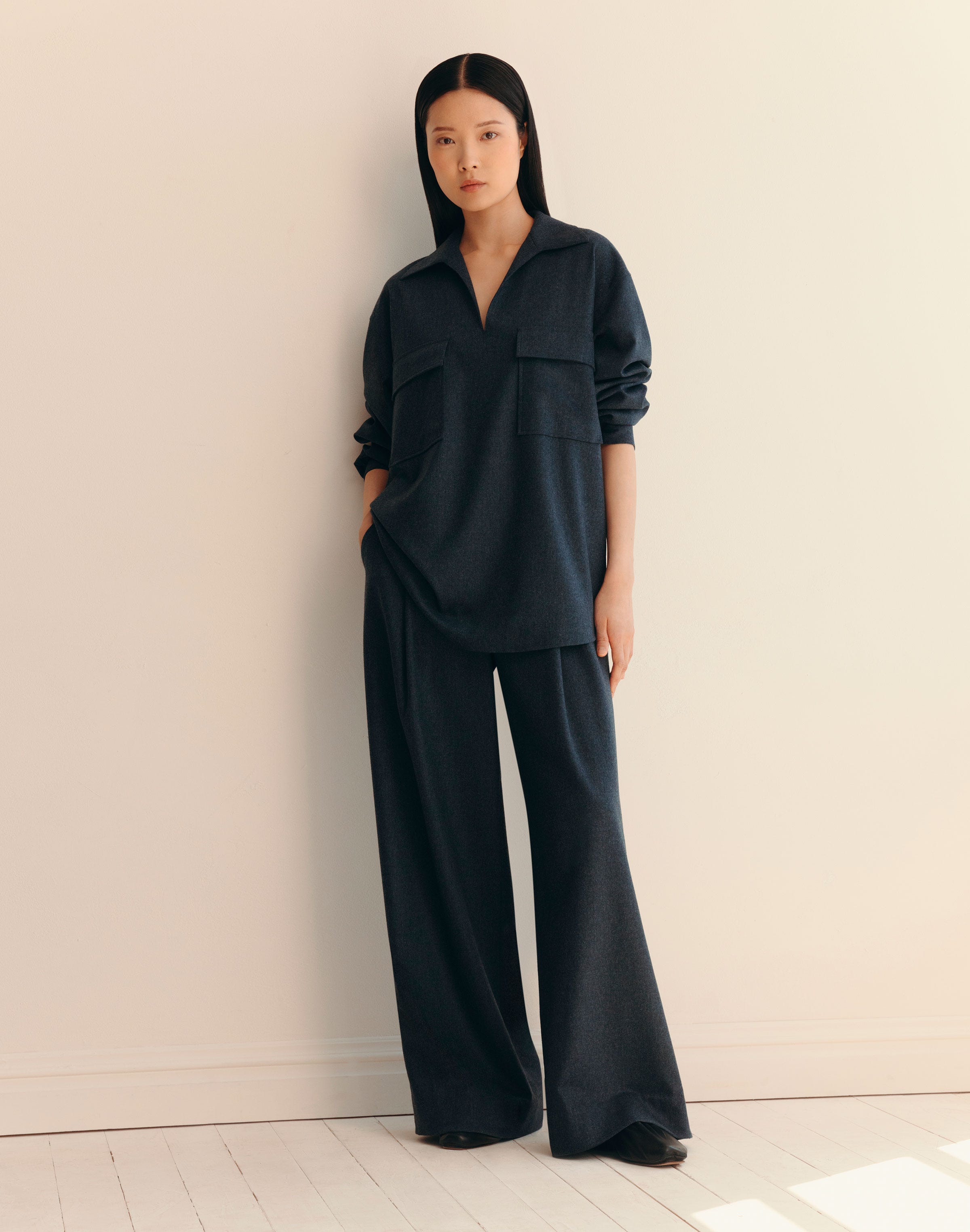 Wool-Cashmere Flannel Pocket Popover Shirt
