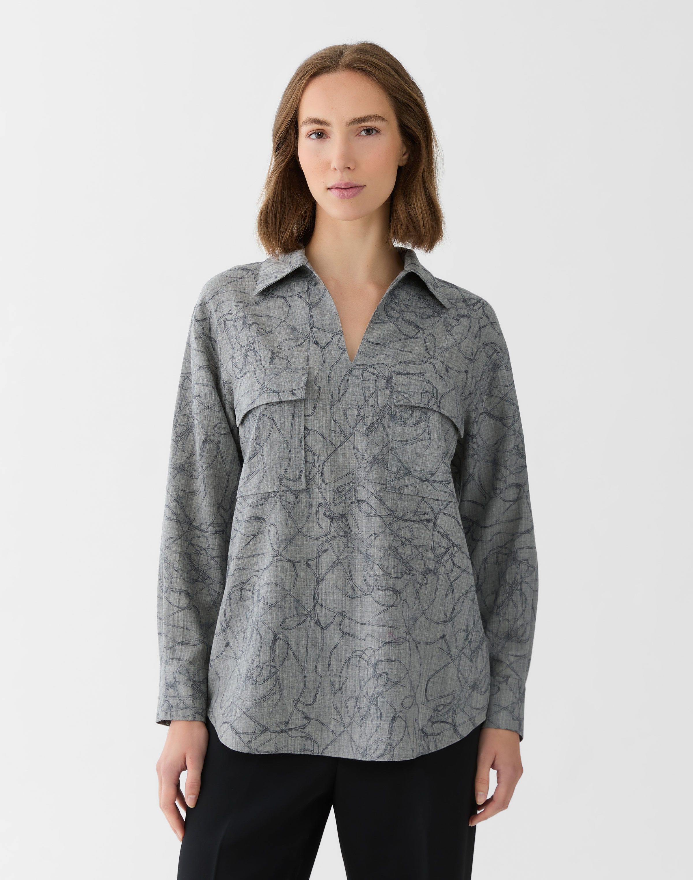 Etched Print Wool Twill Popover Shirt