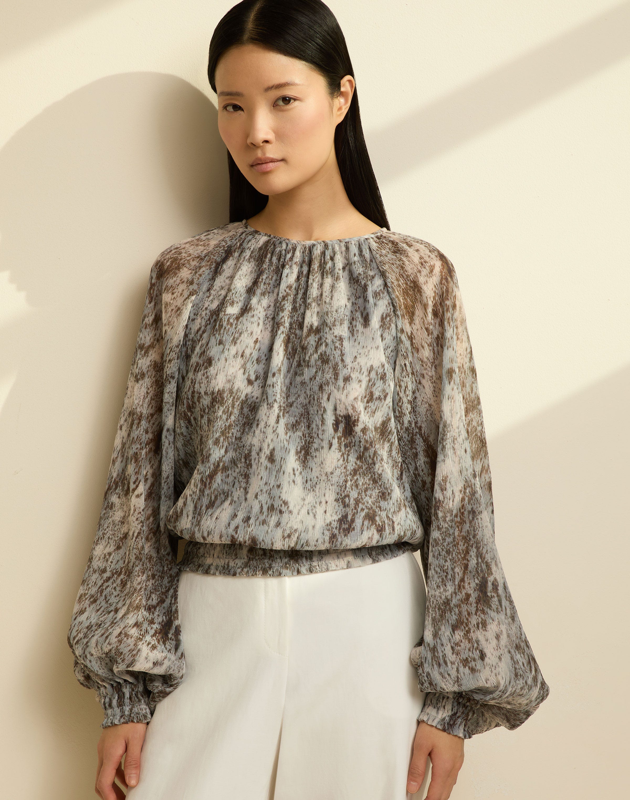 Speckled Glaze Print Georgette Gathered Blouse