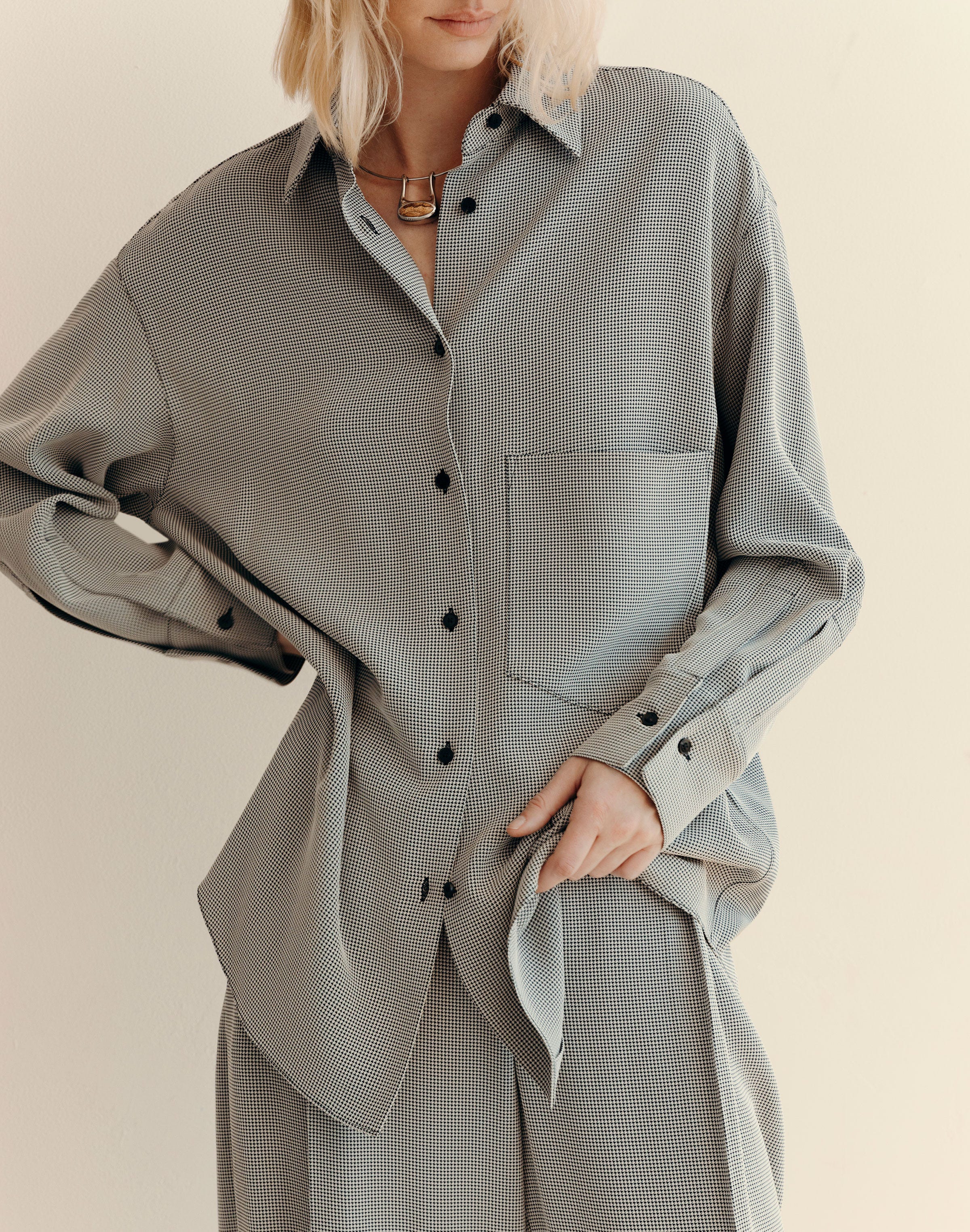 Fluid Houndstooth Jacquard Oversized Shirt