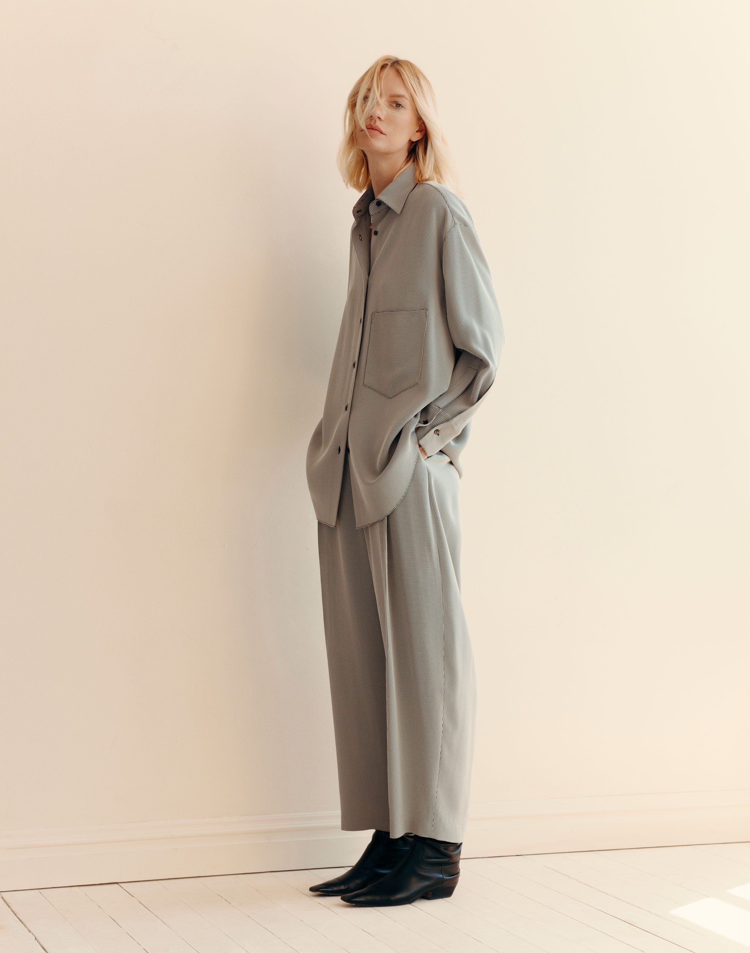 Fluid Houndstooth Jacquard Oversized Shirt
