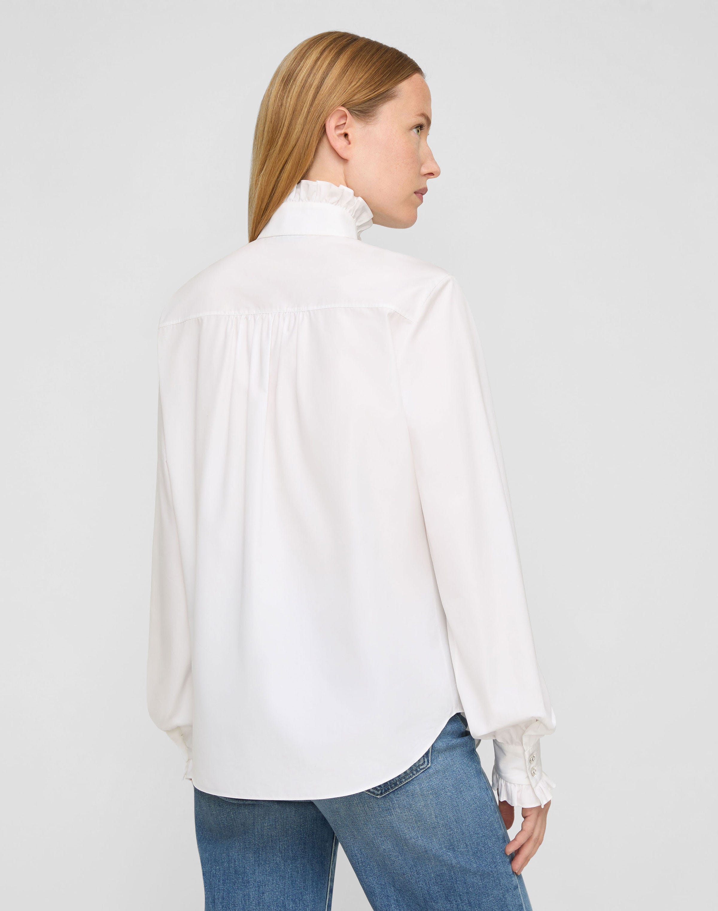 Petite Organic Cotton Poplin Crystal Button Ruffle Shirt