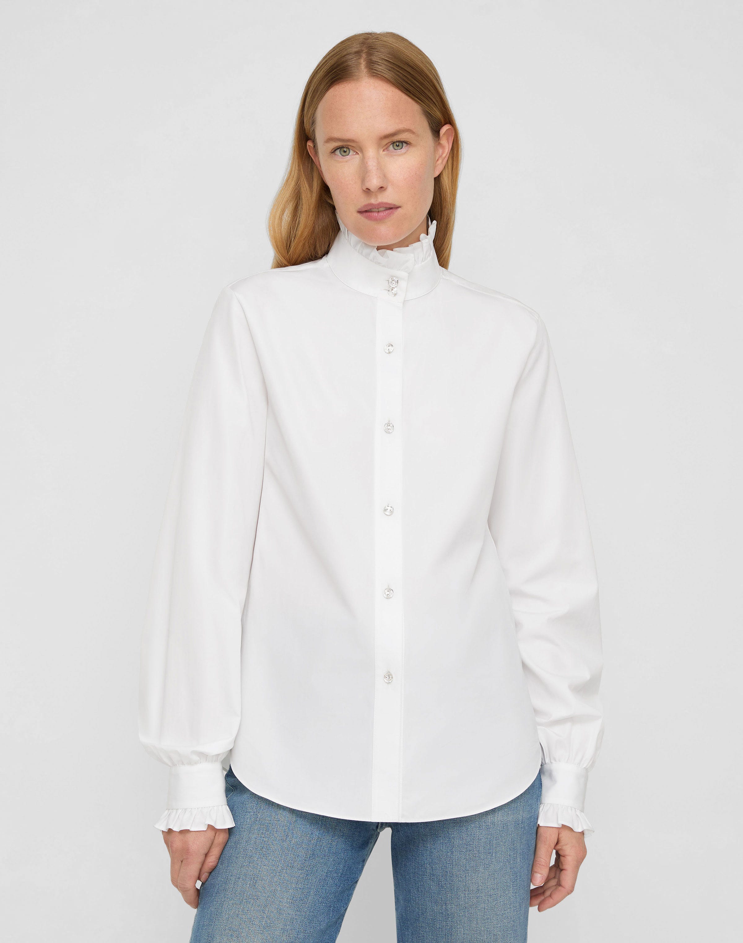 Petite Organic Cotton Poplin Crystal Button Ruffle Shirt