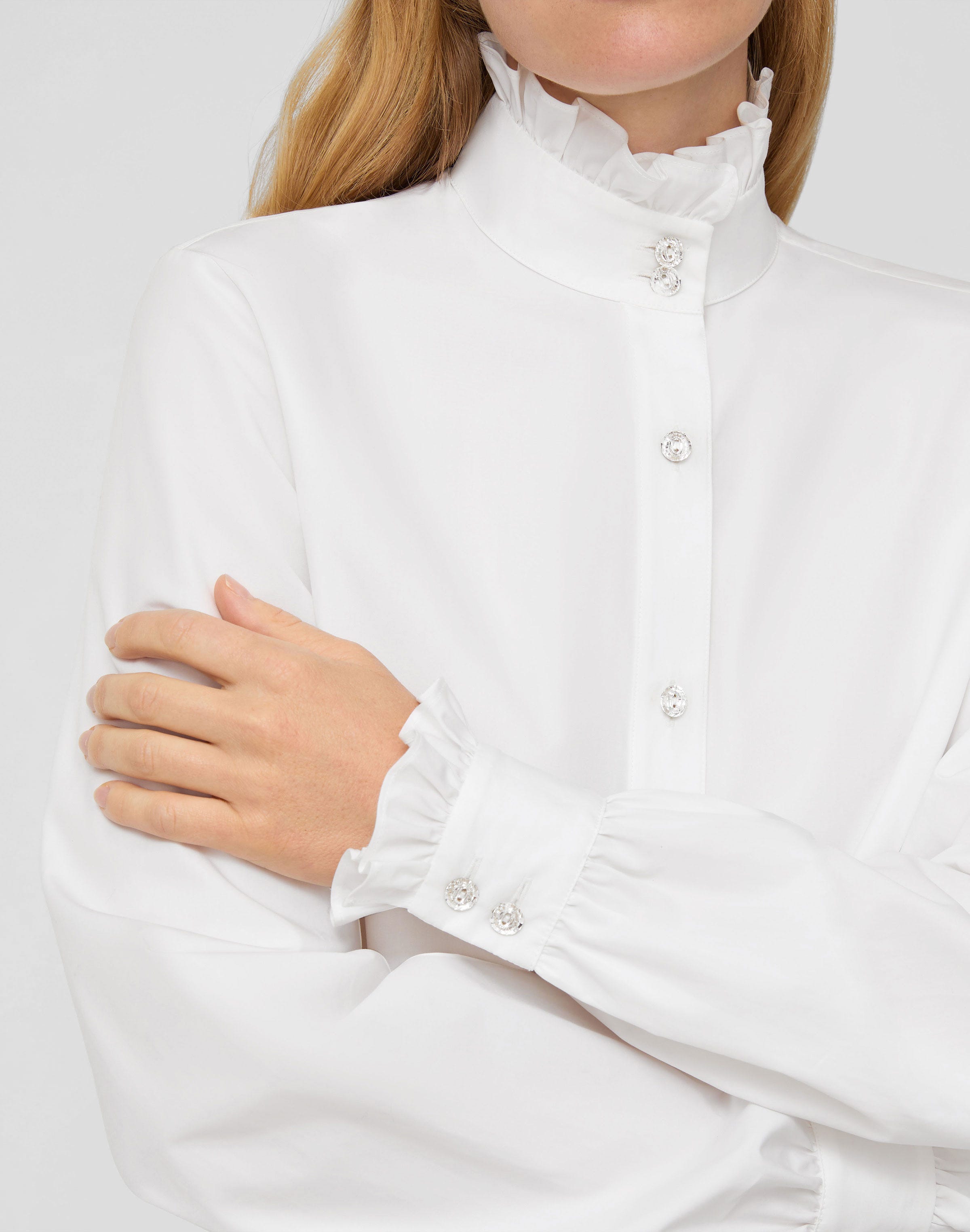Petite Organic Cotton Poplin Crystal Button Ruffle Shirt