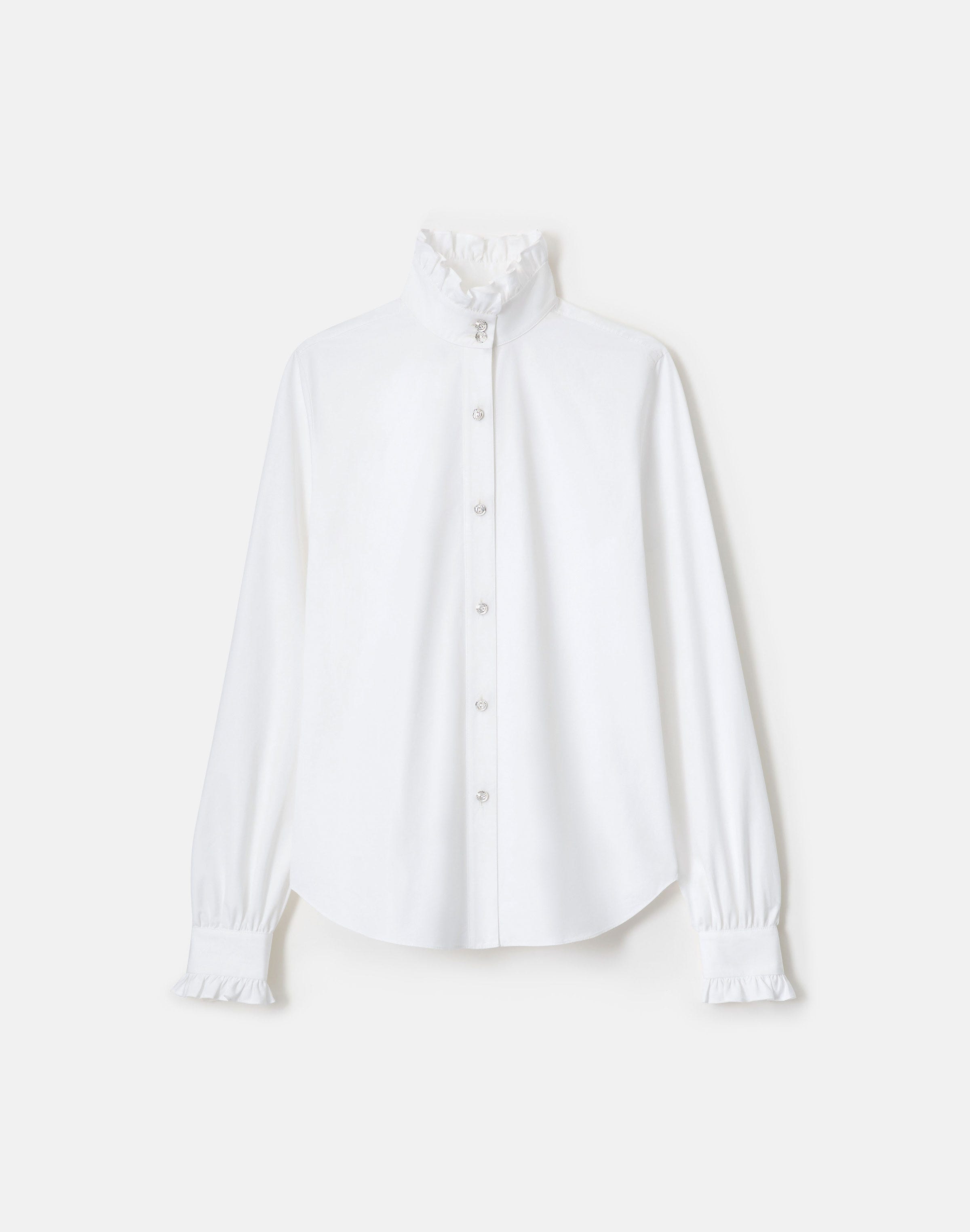 Petite Organic Cotton Poplin Crystal Button Ruffle Shirt