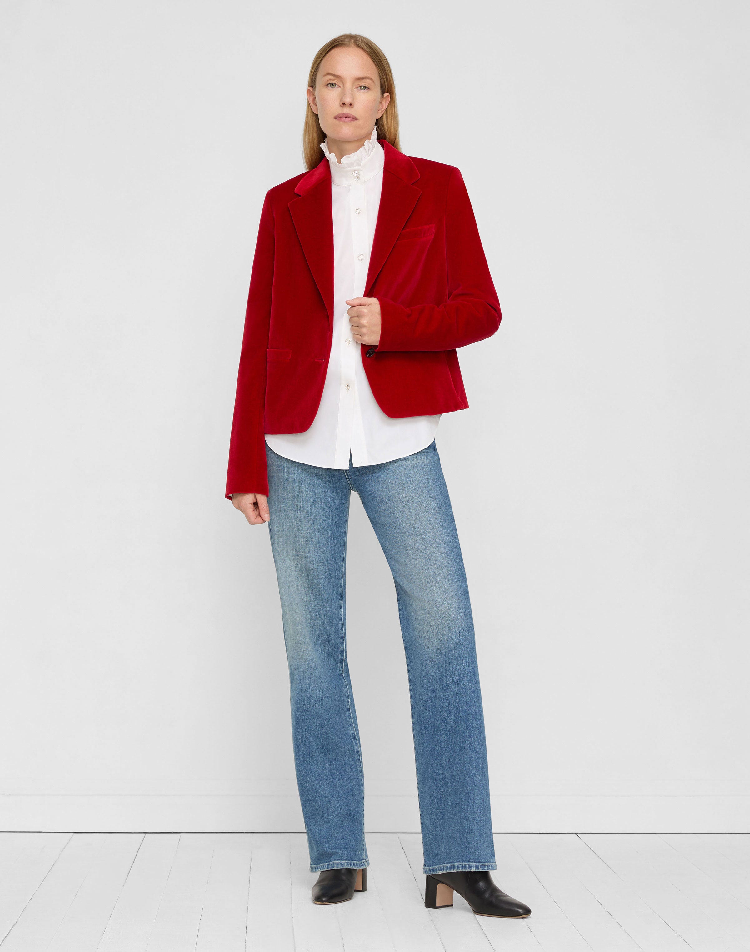Petite Organic Cotton Poplin Crystal Button Ruffle Shirt