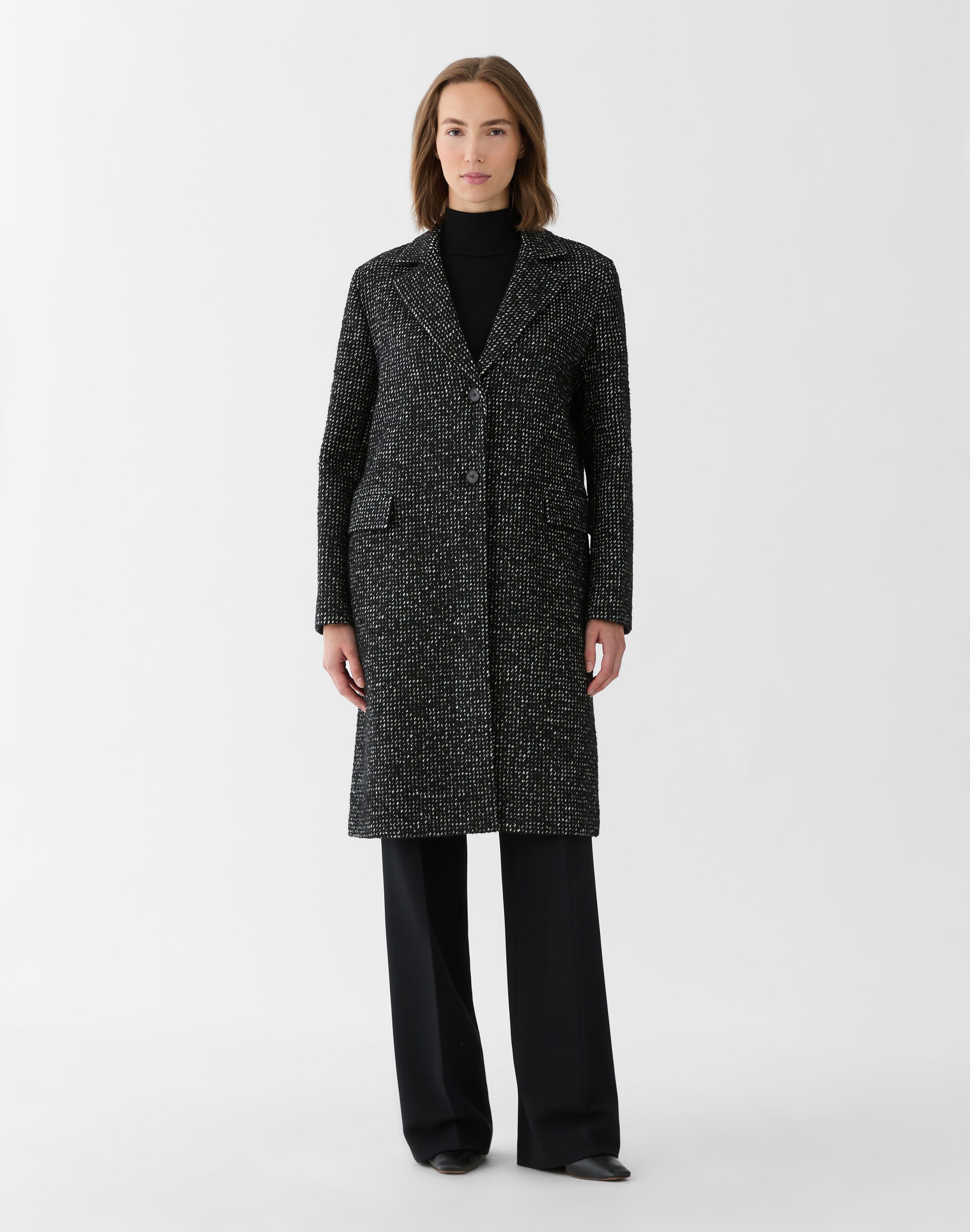 Brushed Basketweave Tweed Two Button Coat