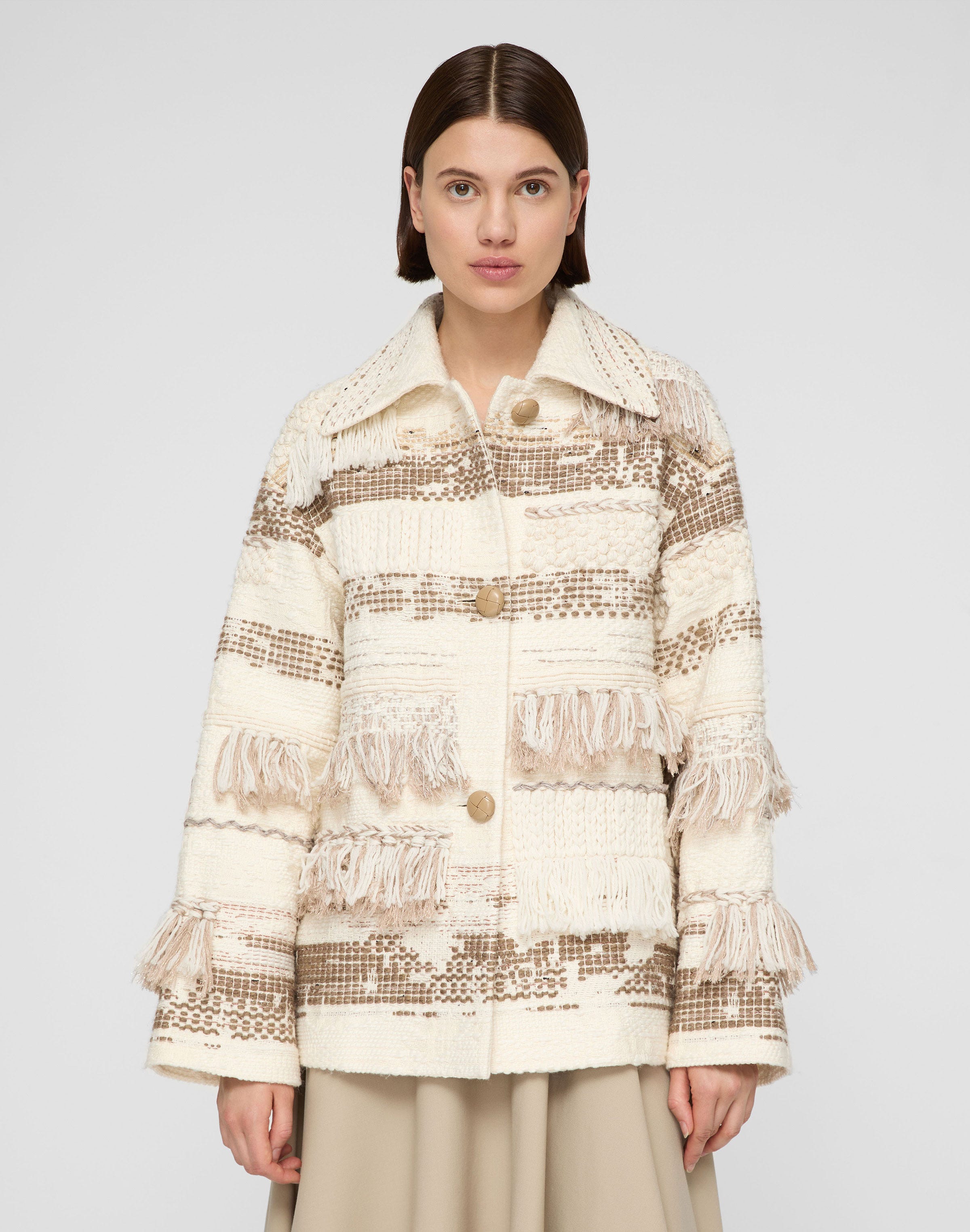 Interlace Jacquard & Handwoven Fringe Coat