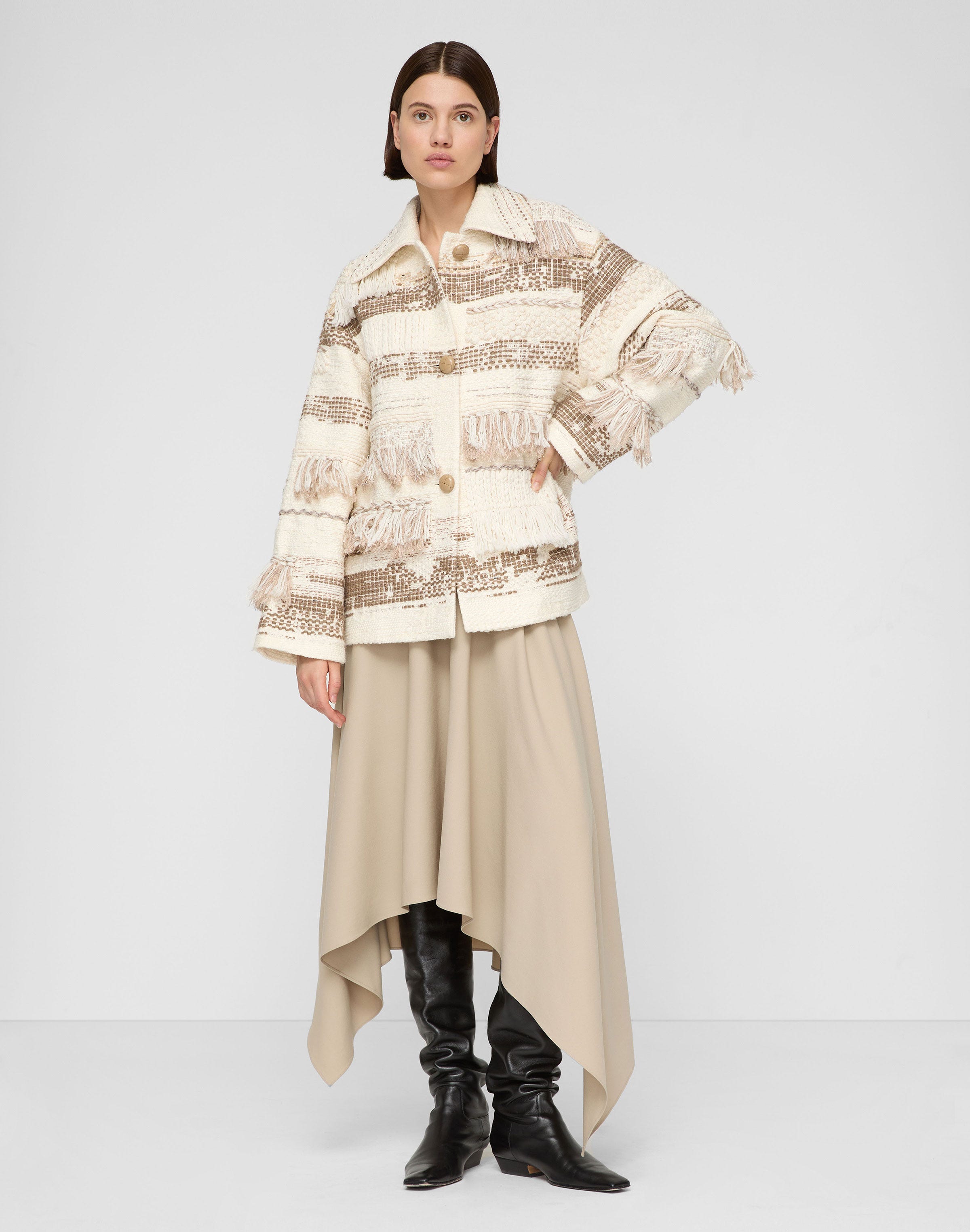 Interlace Jacquard & Handwoven Fringe Coat