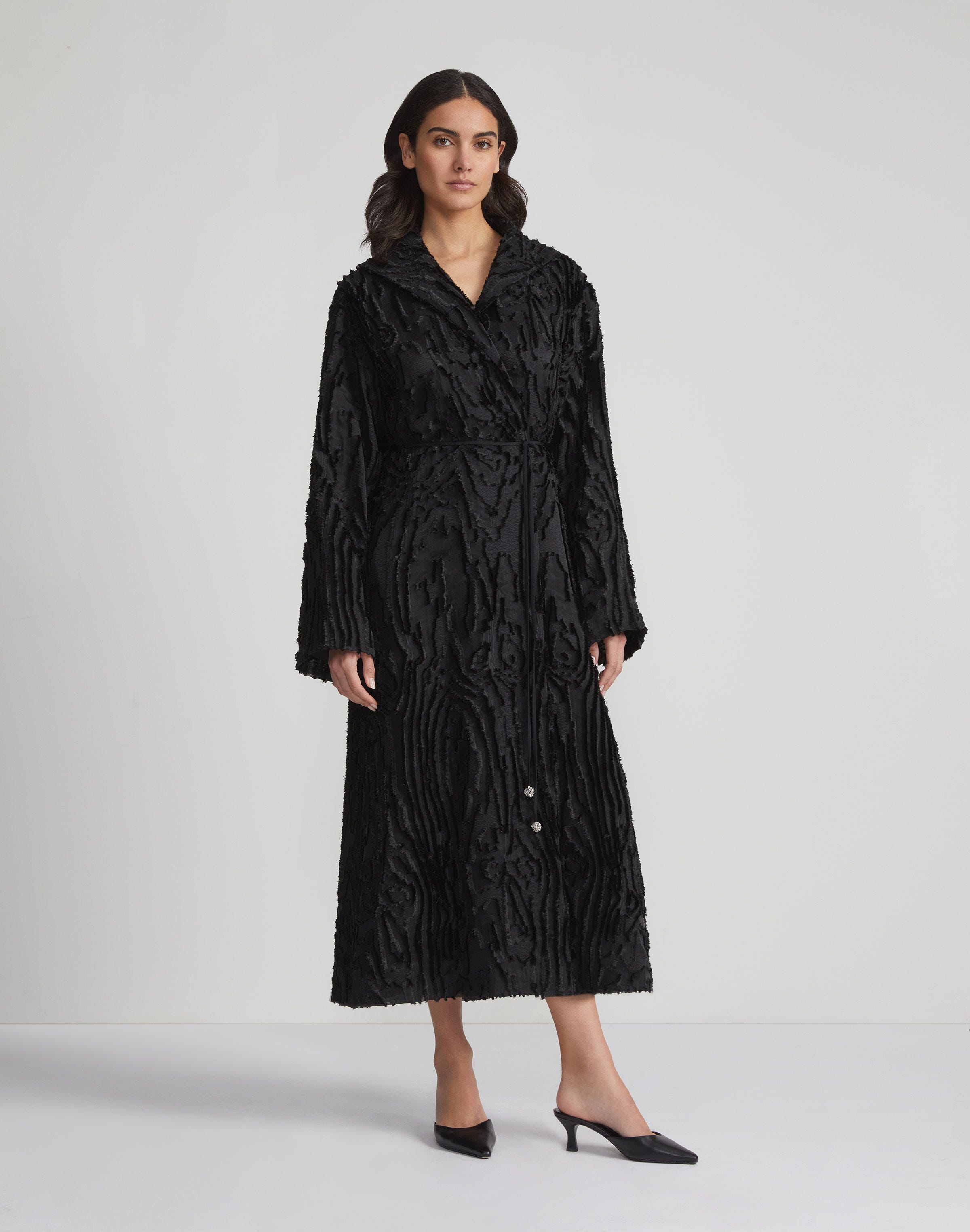 Wood Grooves Viscose-Silk Clipped Jacquard Longline Coat